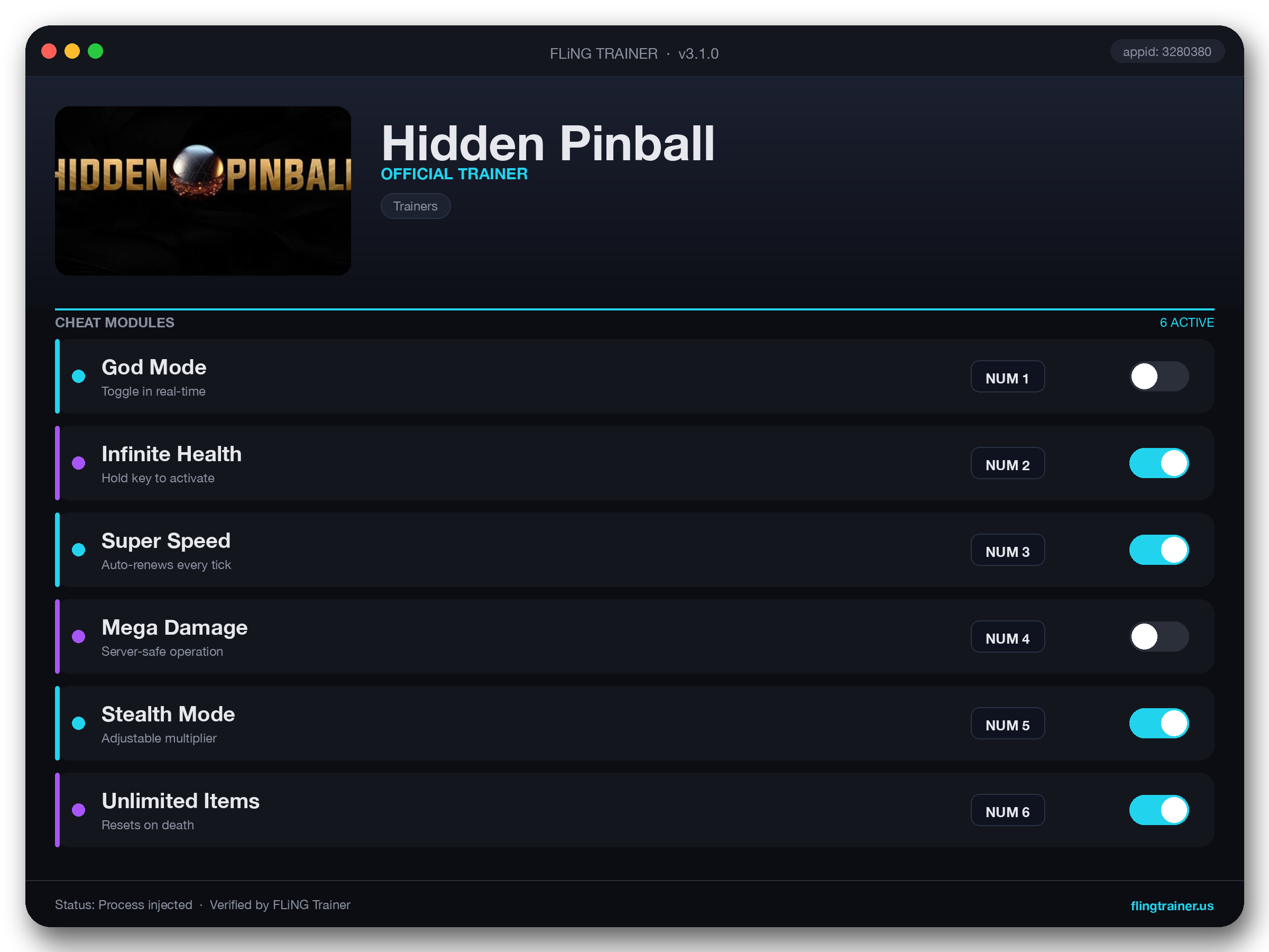 Hidden Pinball Trainer interface