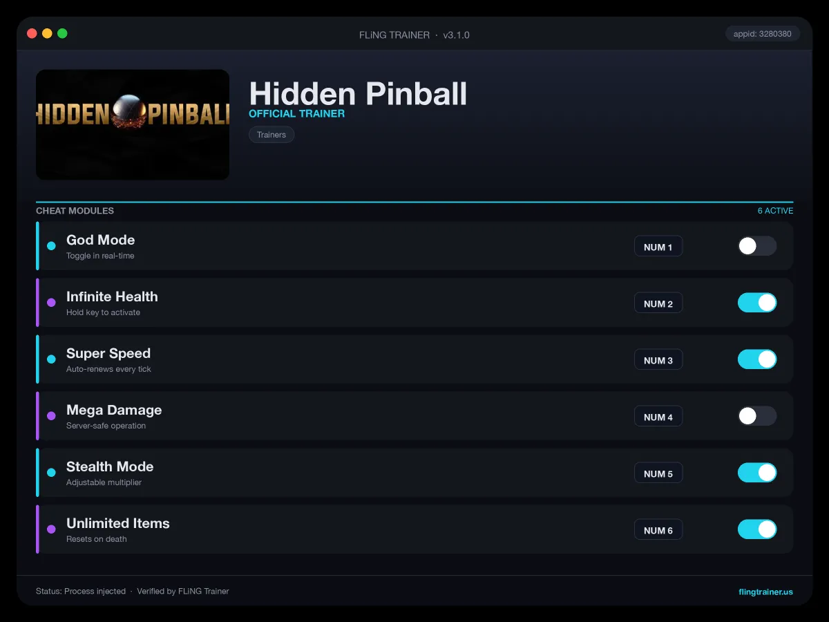 Hidden Pinball Trainer interface