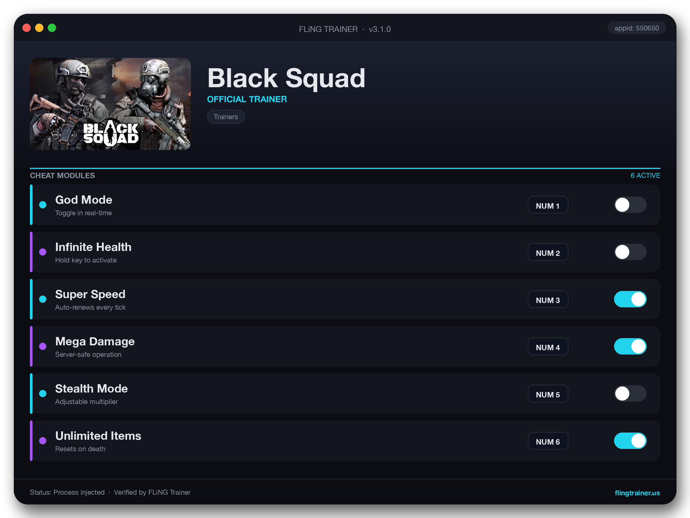 Black Squad Trainer interface