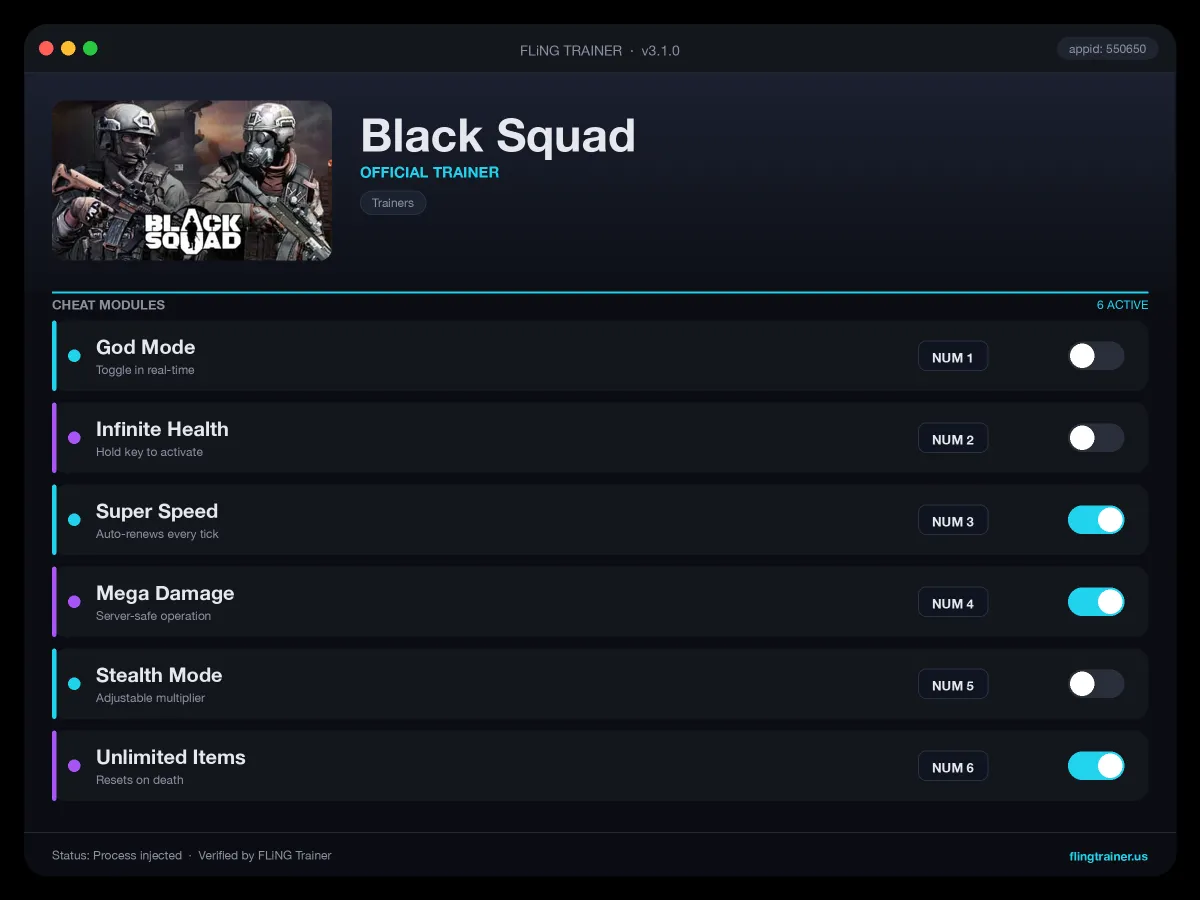 Black Squad Trainer interface