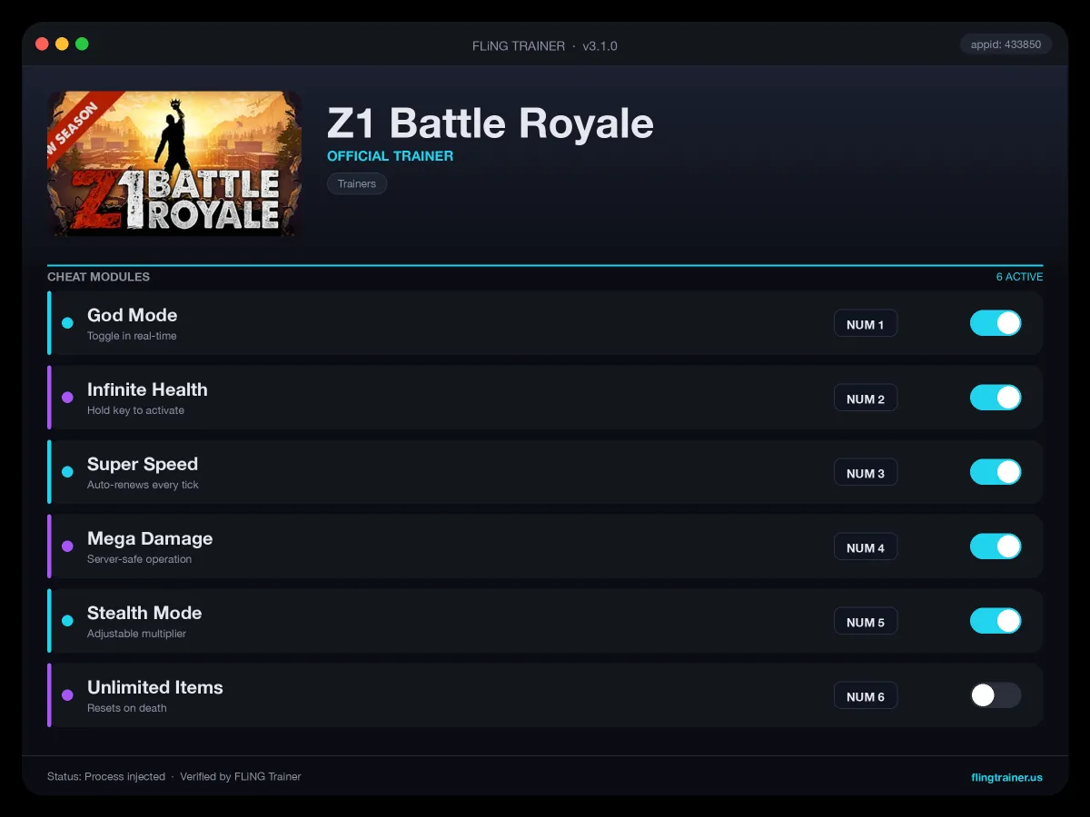 Z1 Battle Royale Trainer interface