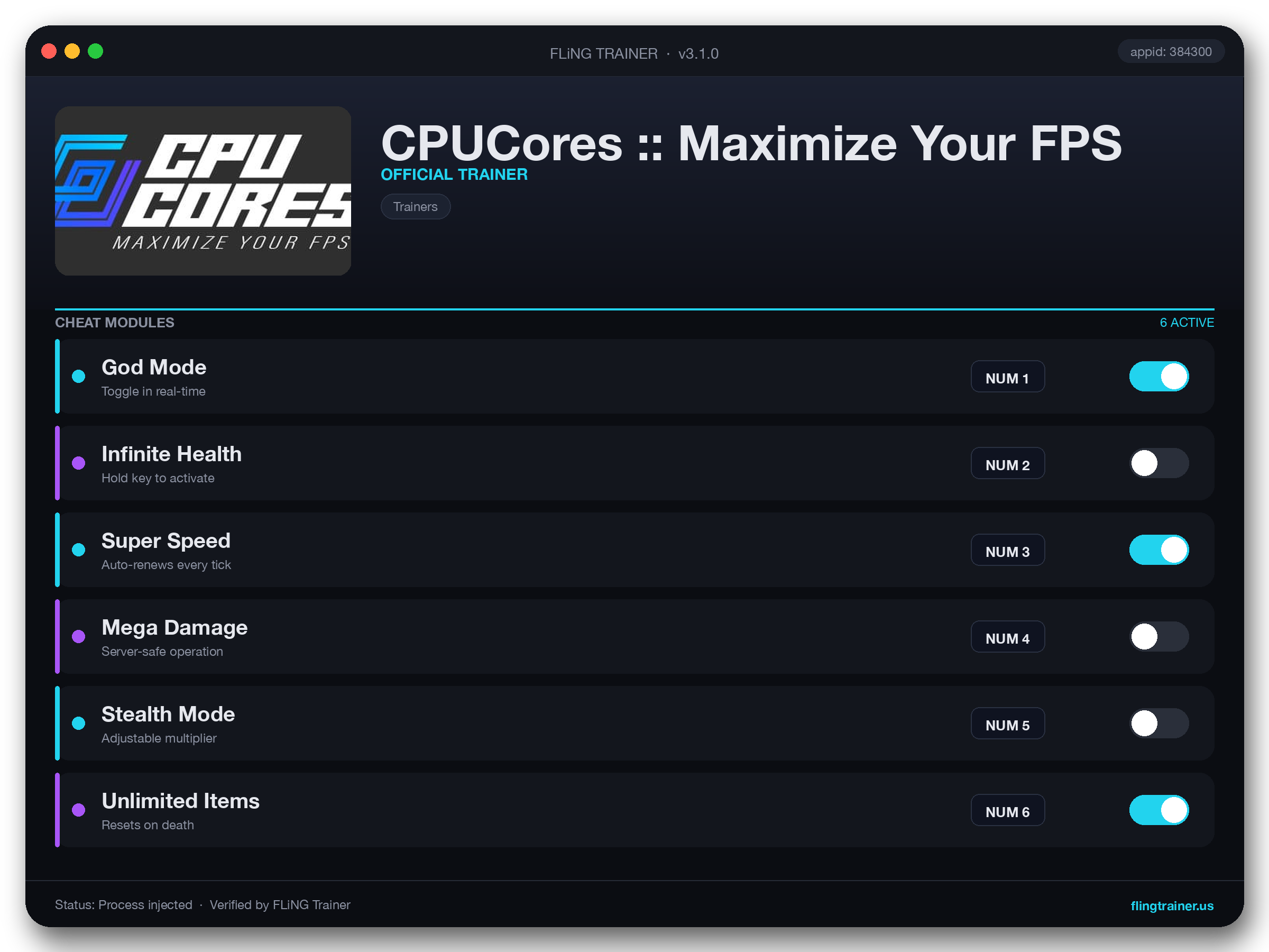 CPUCores :: Maximize Your FPS Trainer interface