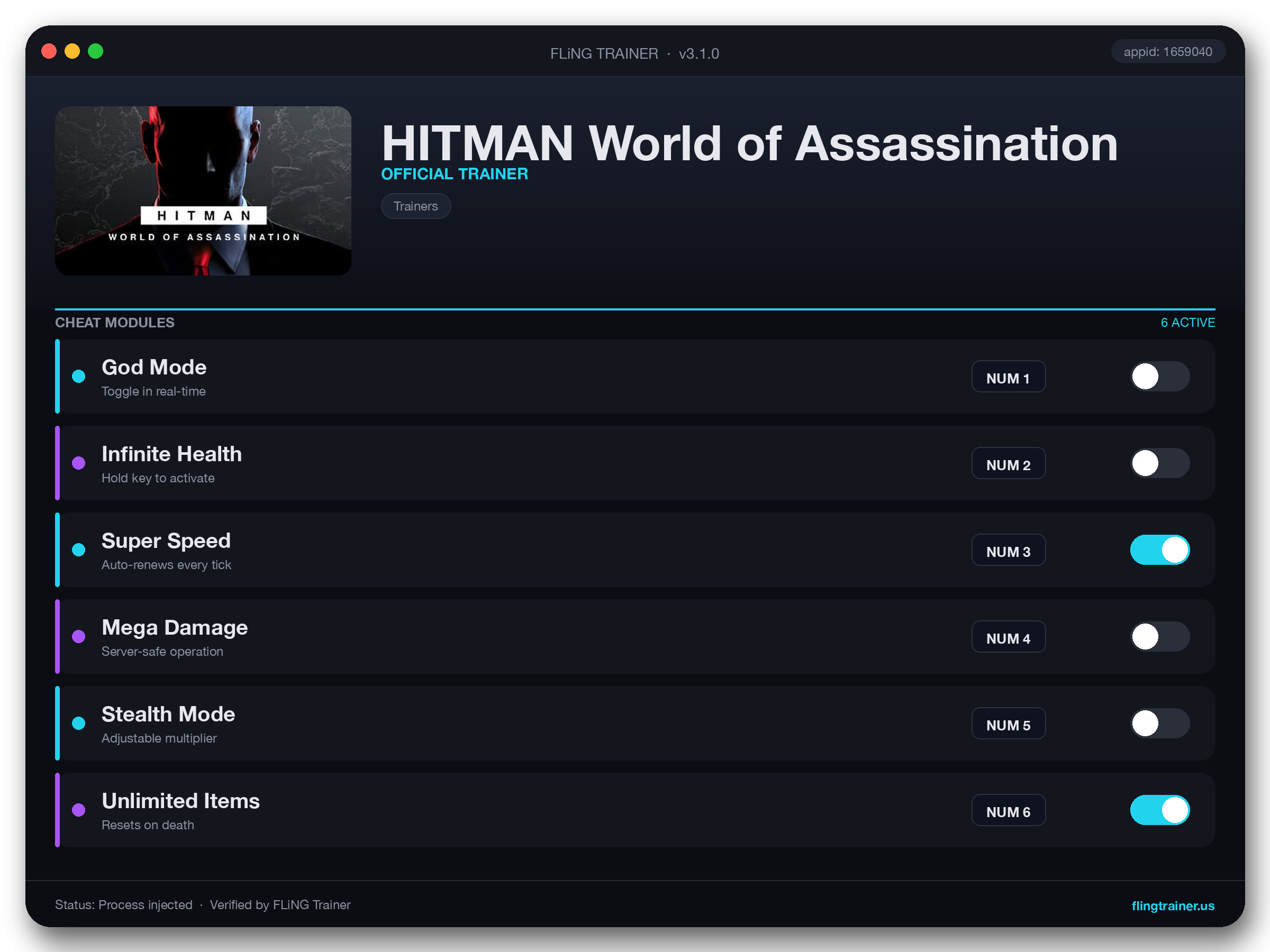 HITMAN World of Assassination Trainer interface