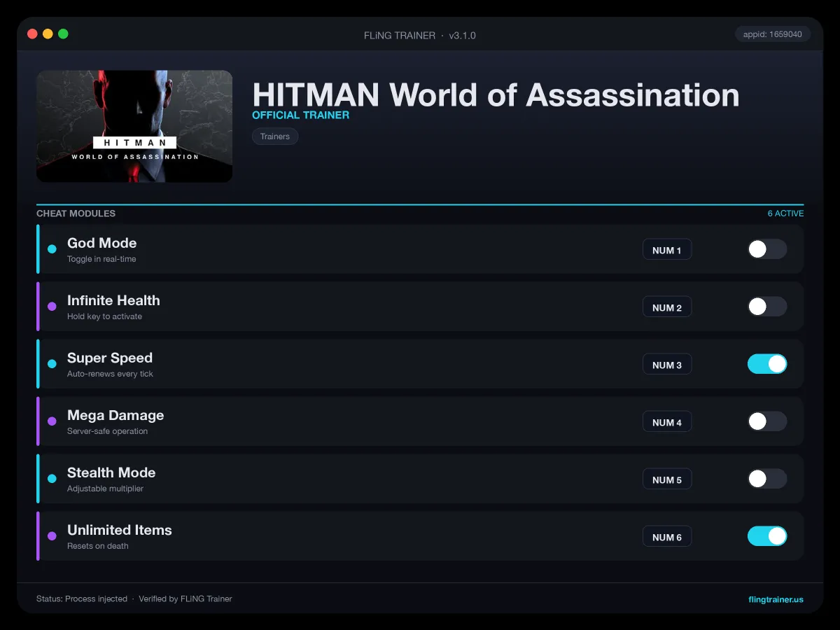 HITMAN World of Assassination Trainer interface