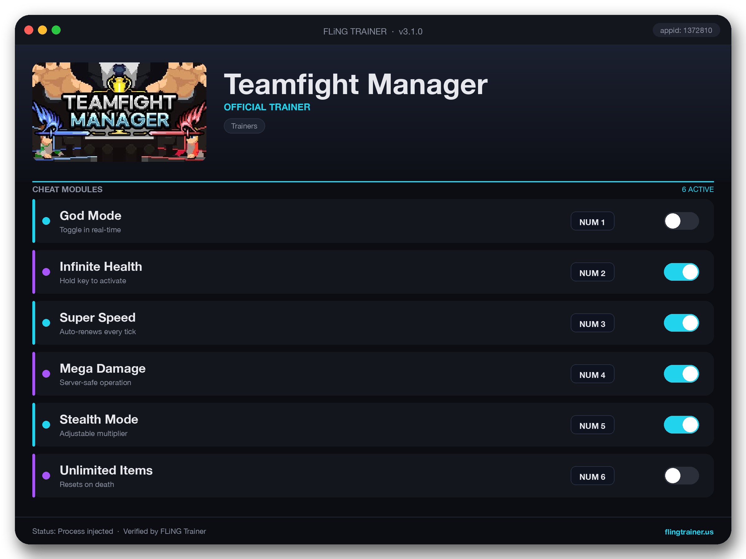 Teamfight Manager Trainer interface