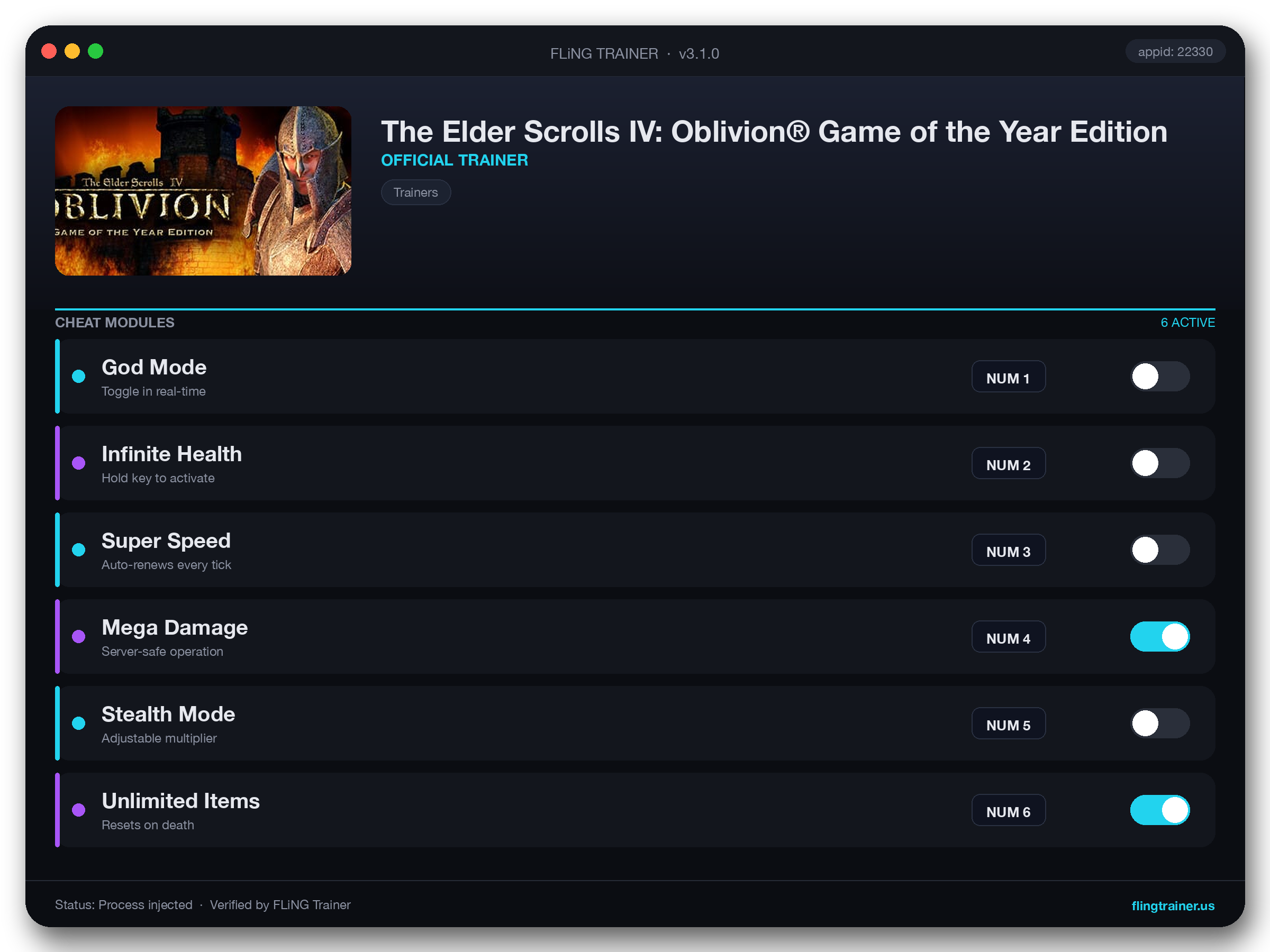 The Elder Scrolls IV: Oblivion® Game of the Year Edition Trainer interface