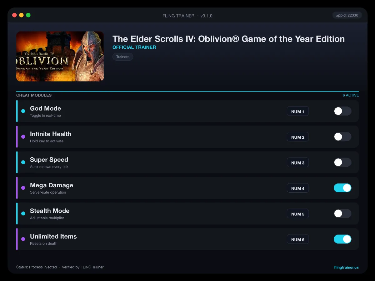 The Elder Scrolls IV: Oblivion® Game of the Year Edition Trainer interface