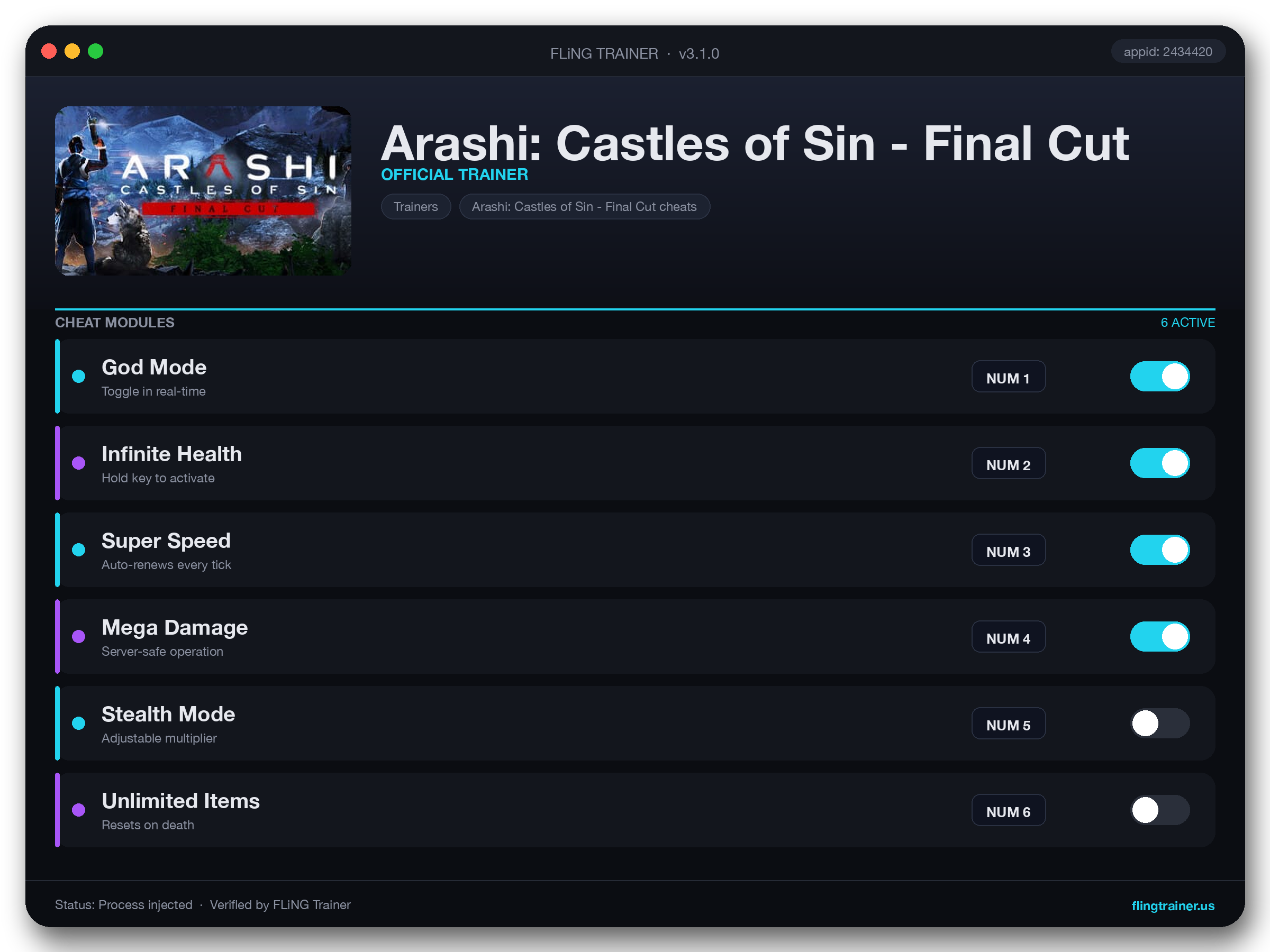 Arashi: Castles of Sin - Final Cut Trainer interface