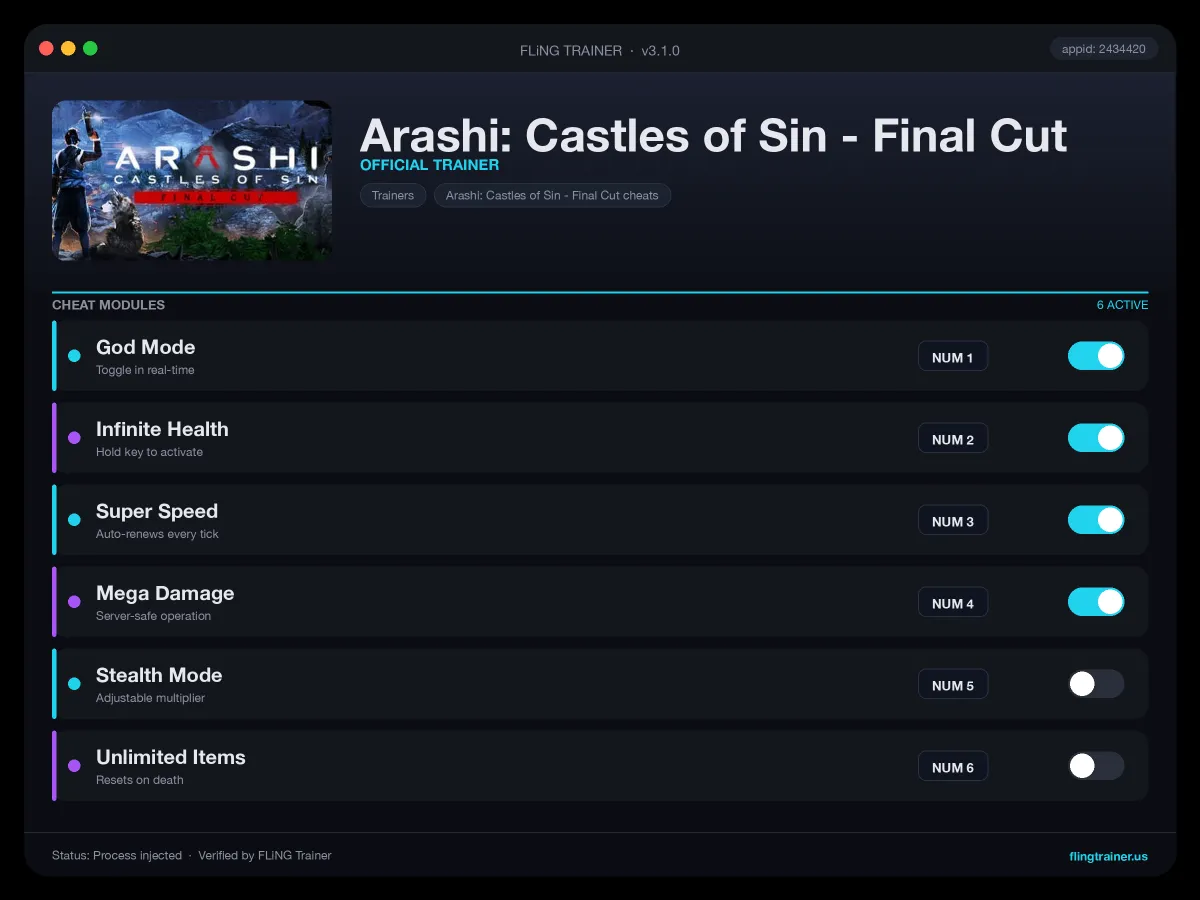 Arashi: Castles of Sin - Final Cut Trainer interface