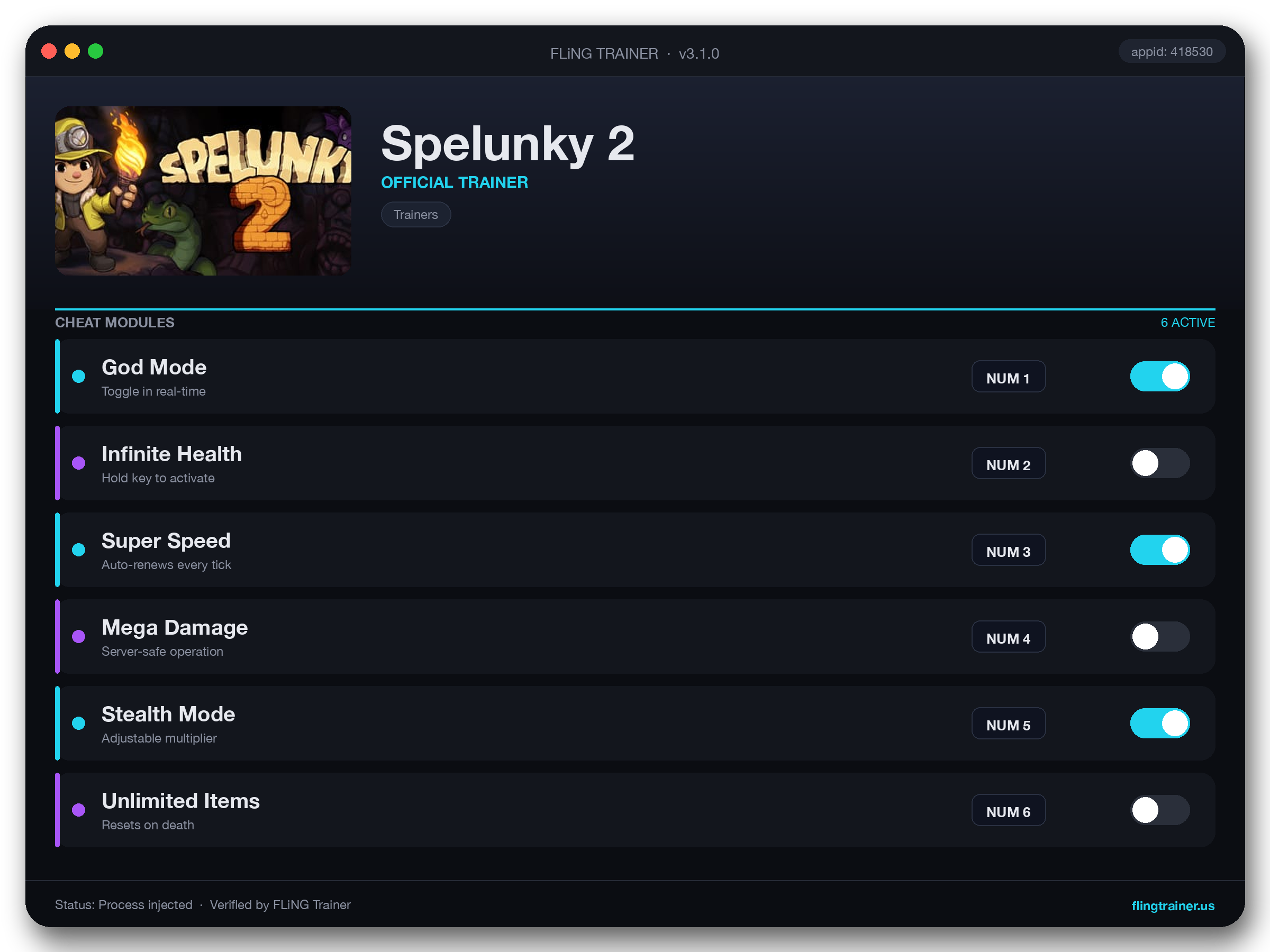 Spelunky 2 Trainer interface