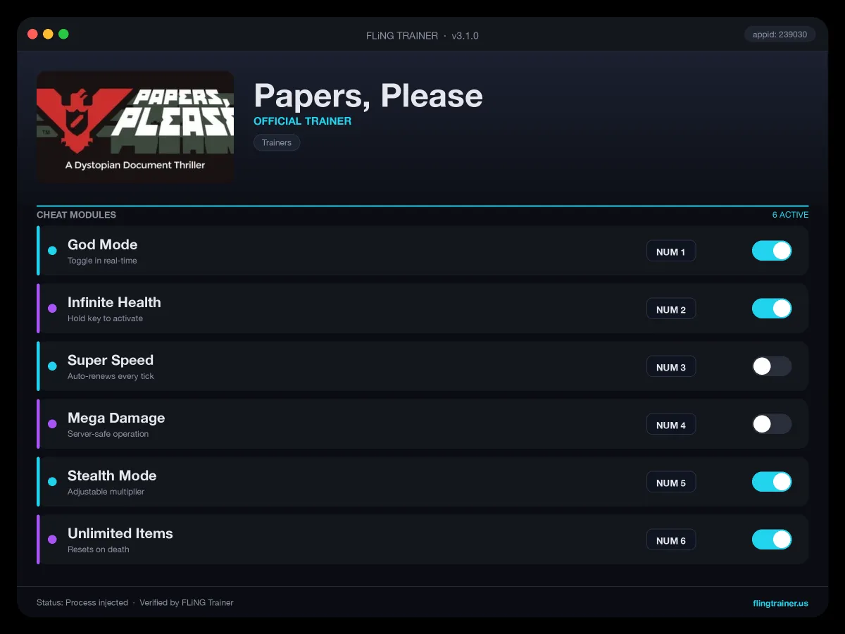 Papers, Please Trainer interface