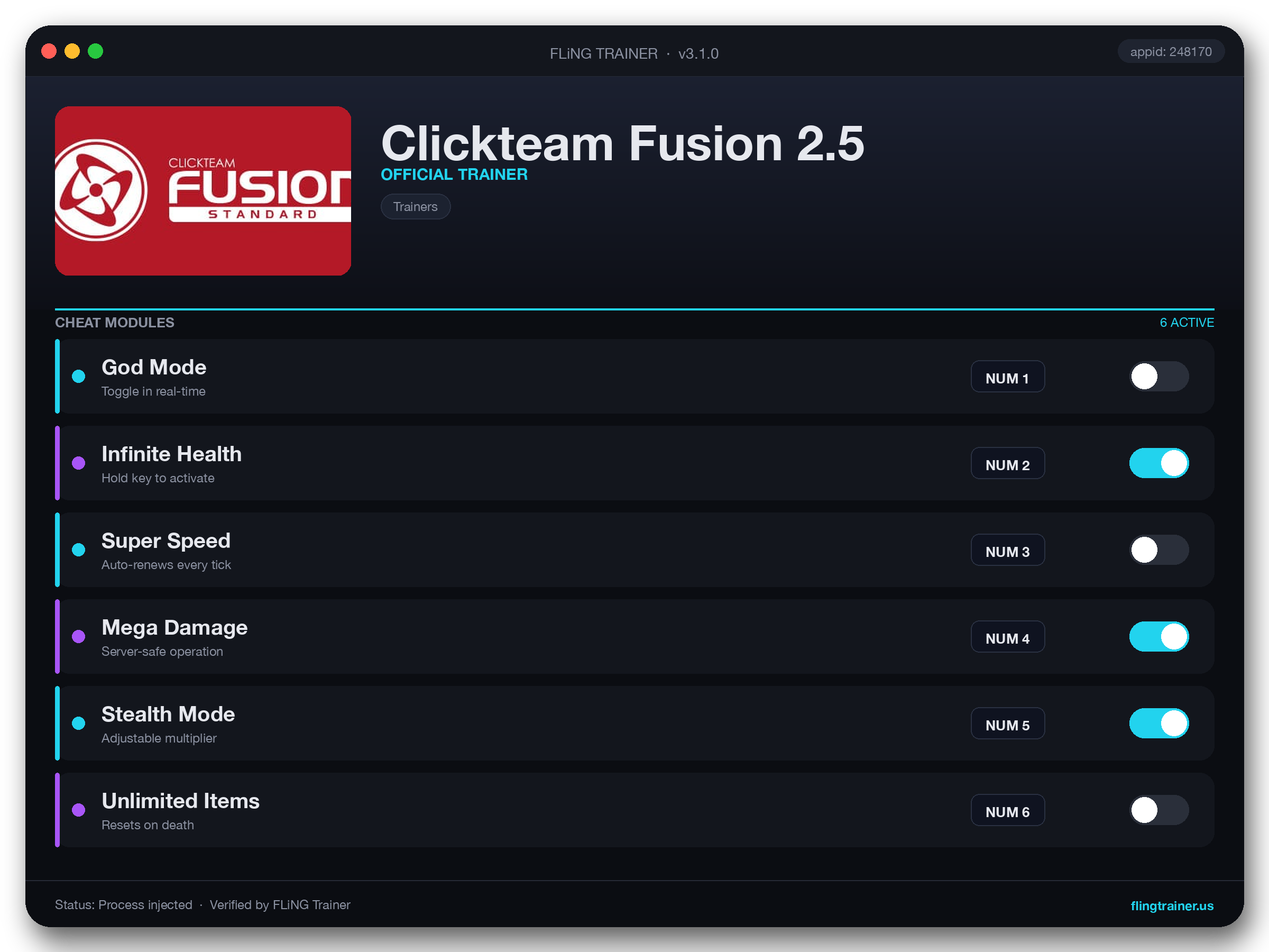 Clickteam Fusion 2.5 Trainer interface