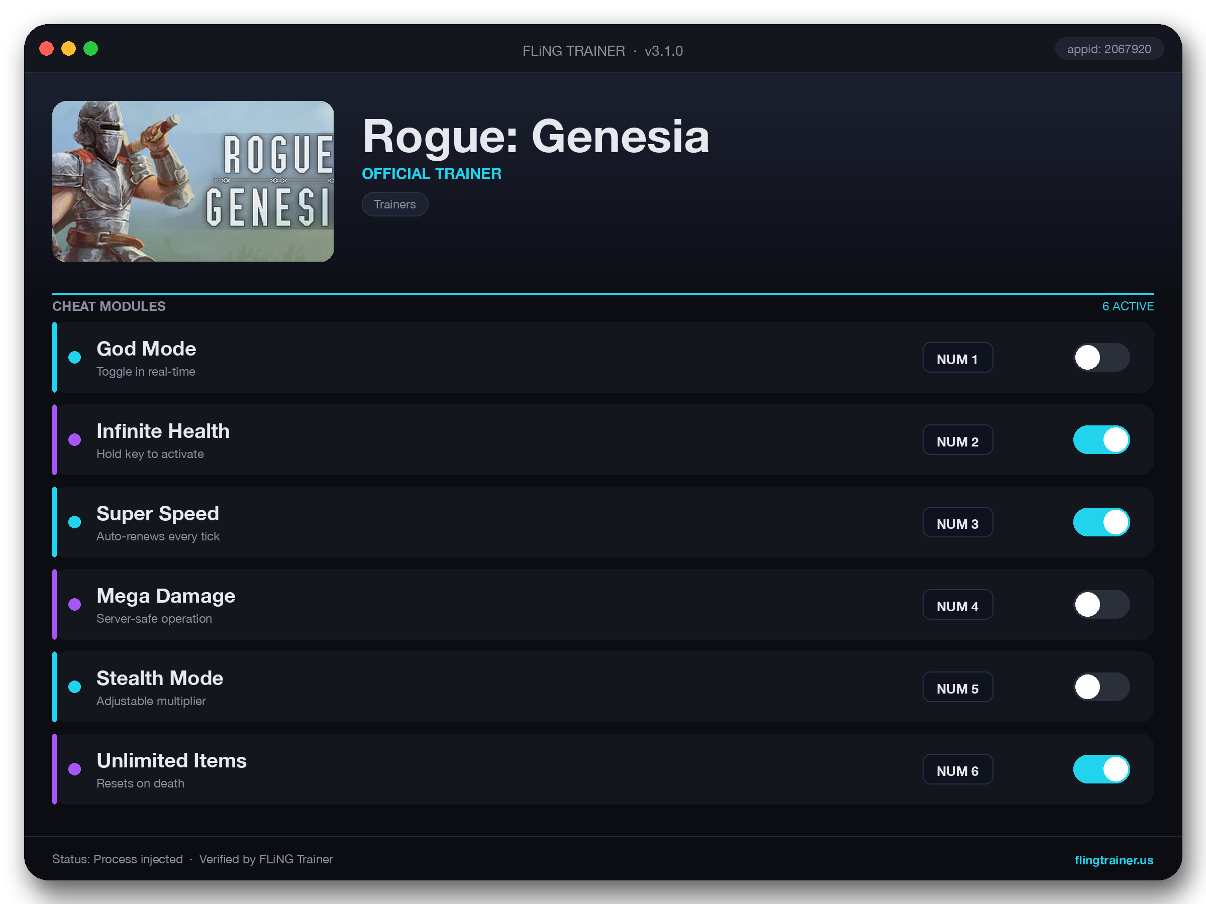 Rogue: Genesia Trainer interface