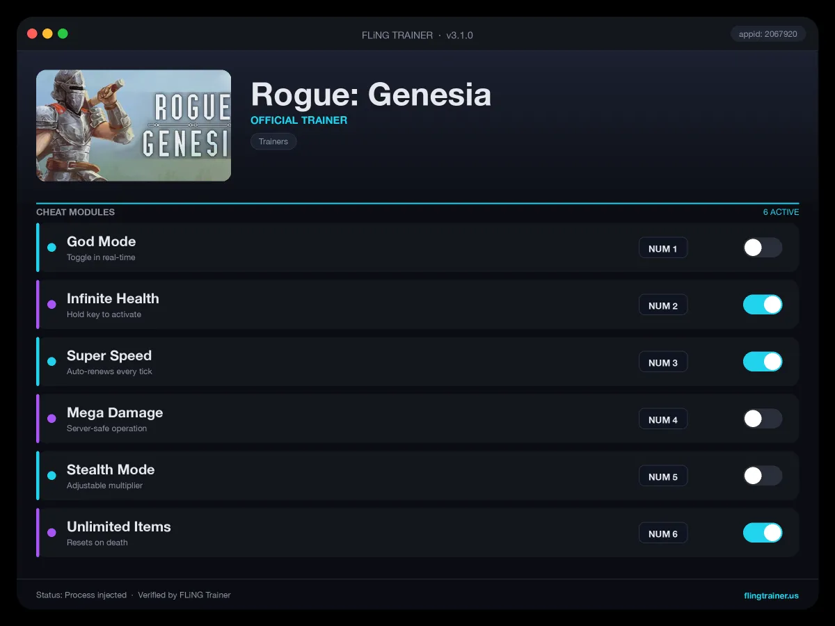 Rogue: Genesia Trainer interface