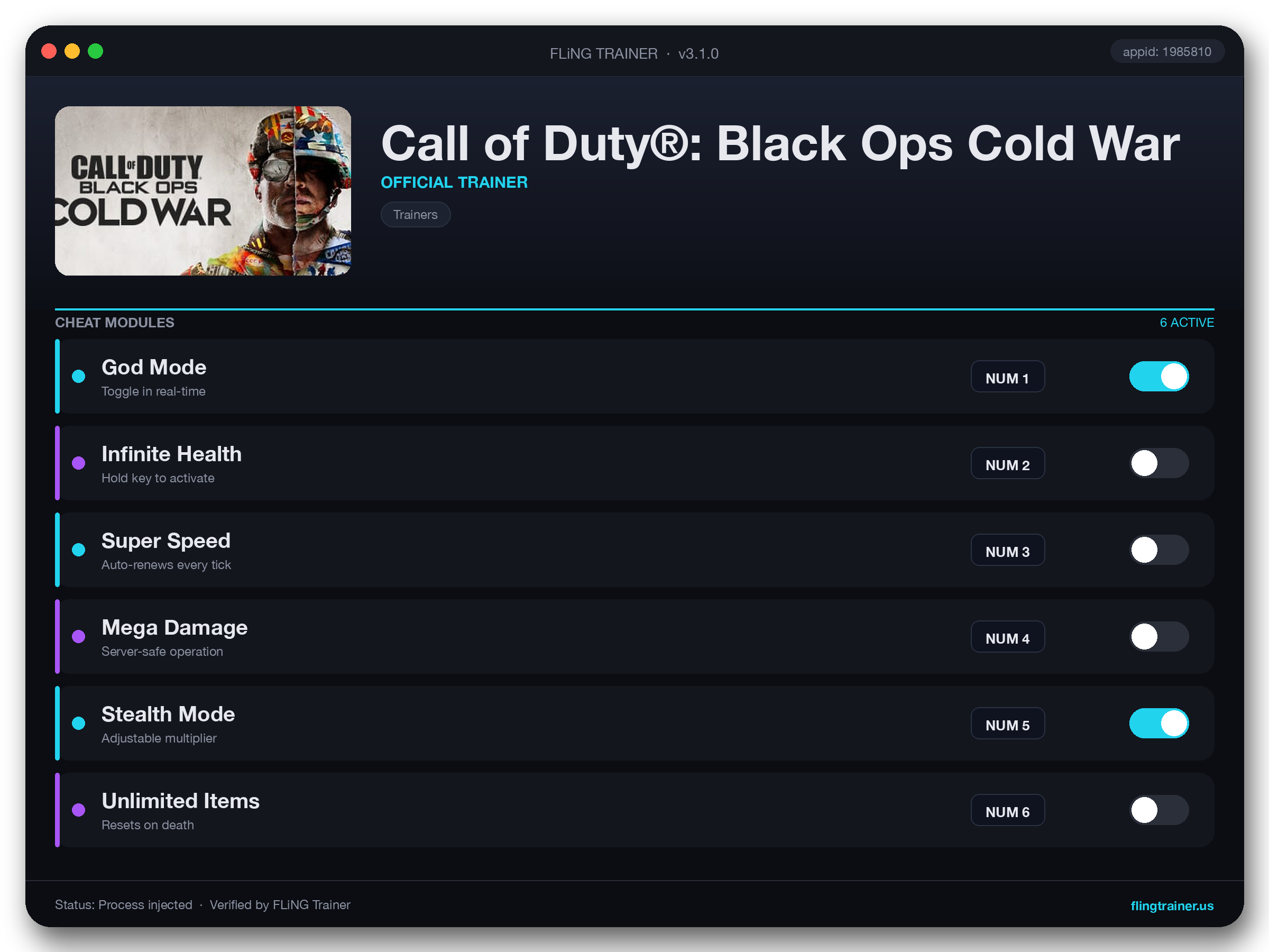 Call of Duty®: Black Ops Cold War Trainer interface