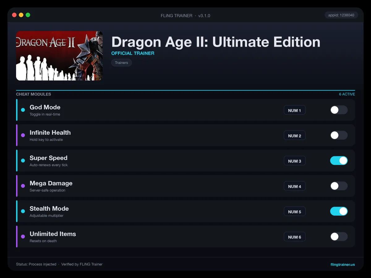 Dragon Age II: Ultimate Edition Trainer interface