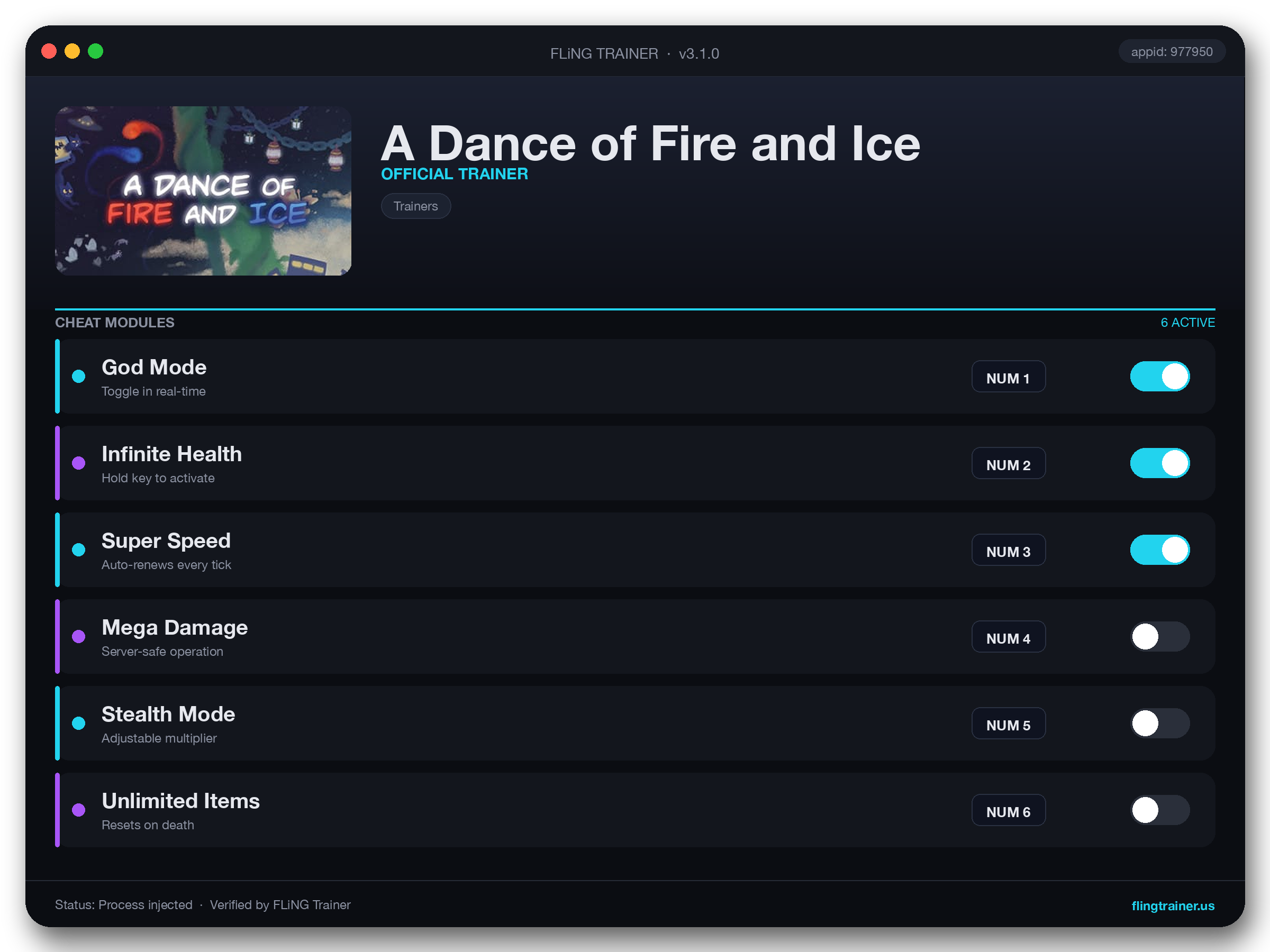 A Dance of Fire and Ice Trainer interface