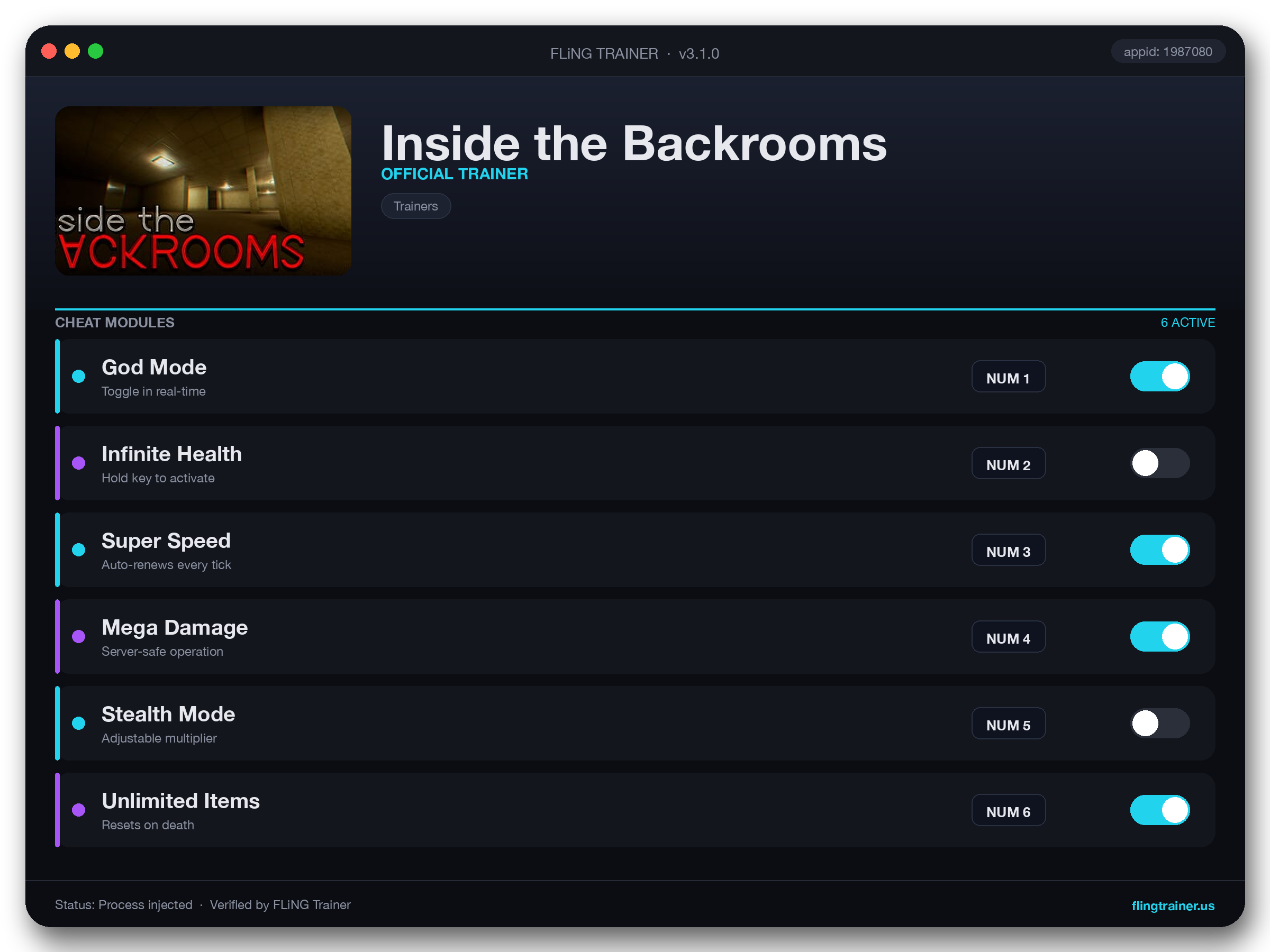 Inside the Backrooms Trainer interface