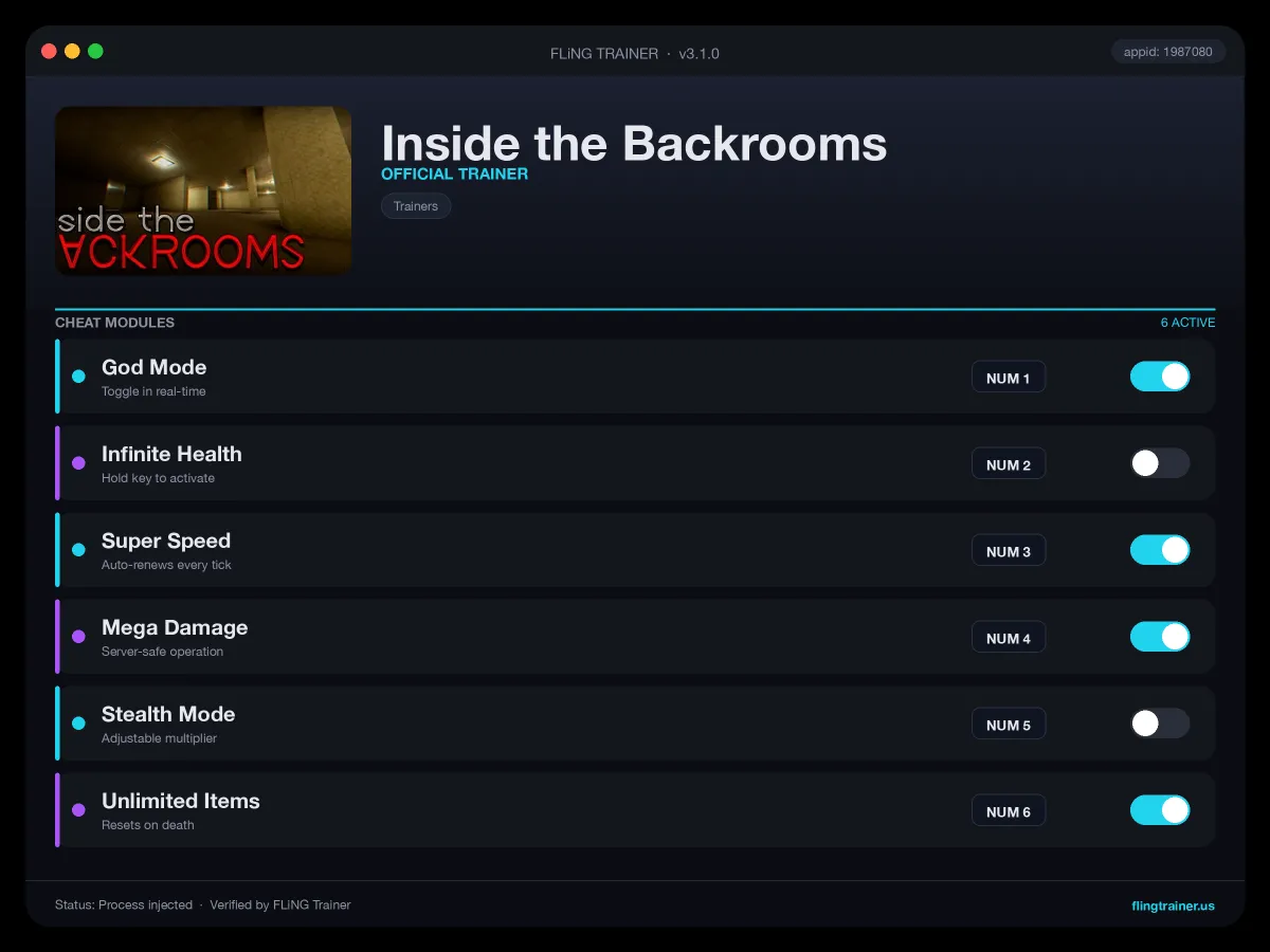 Inside the Backrooms Trainer interface