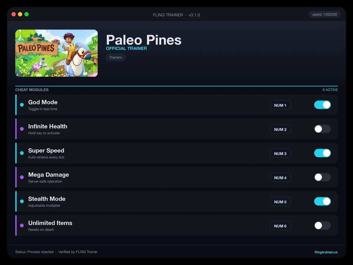 Paleo Pines Trainer interface