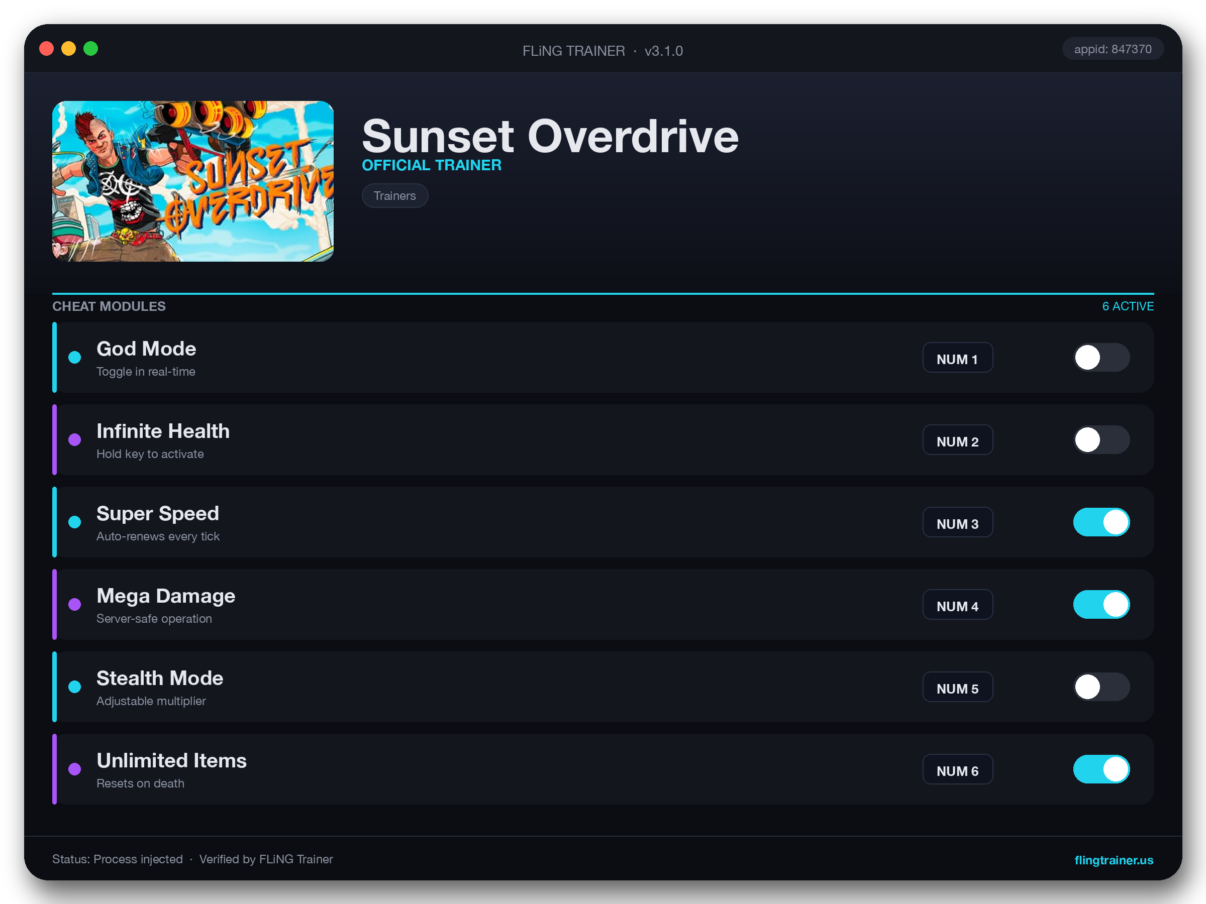 Sunset Overdrive Trainer interface