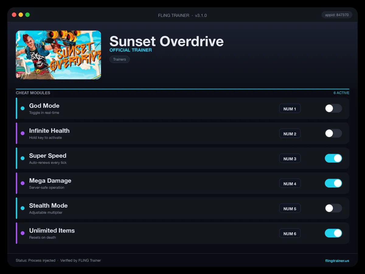 Sunset Overdrive Trainer interface