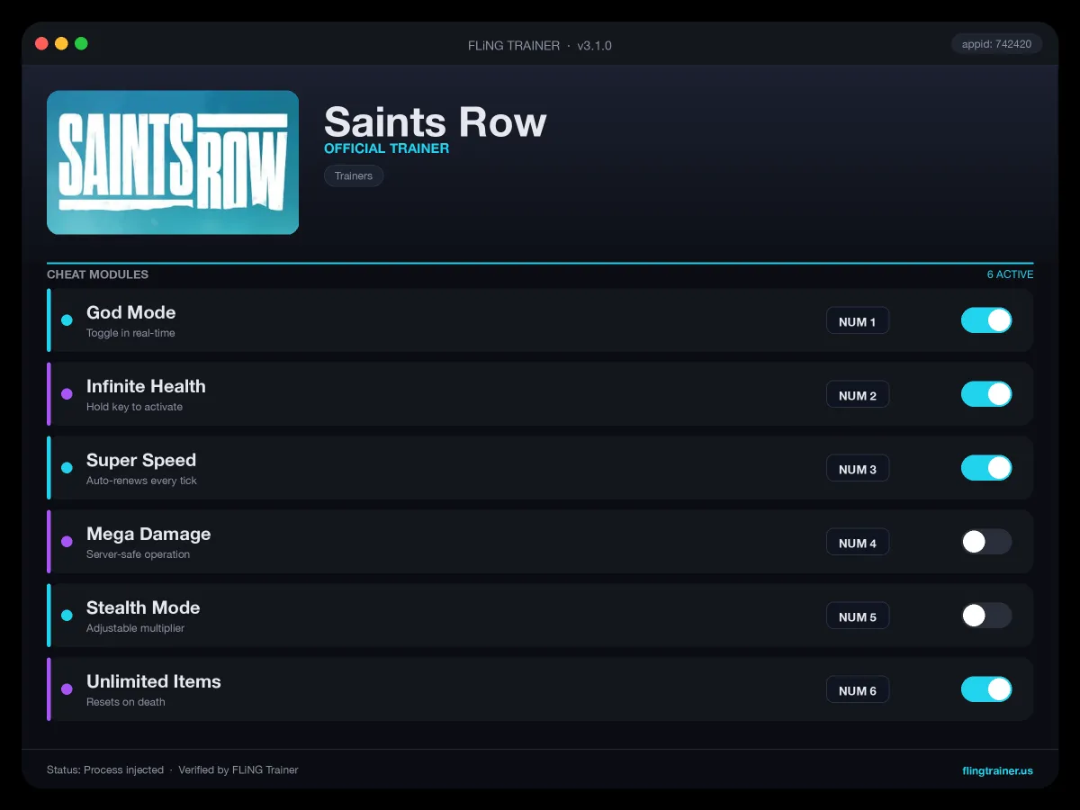 Saints Row Trainer interface