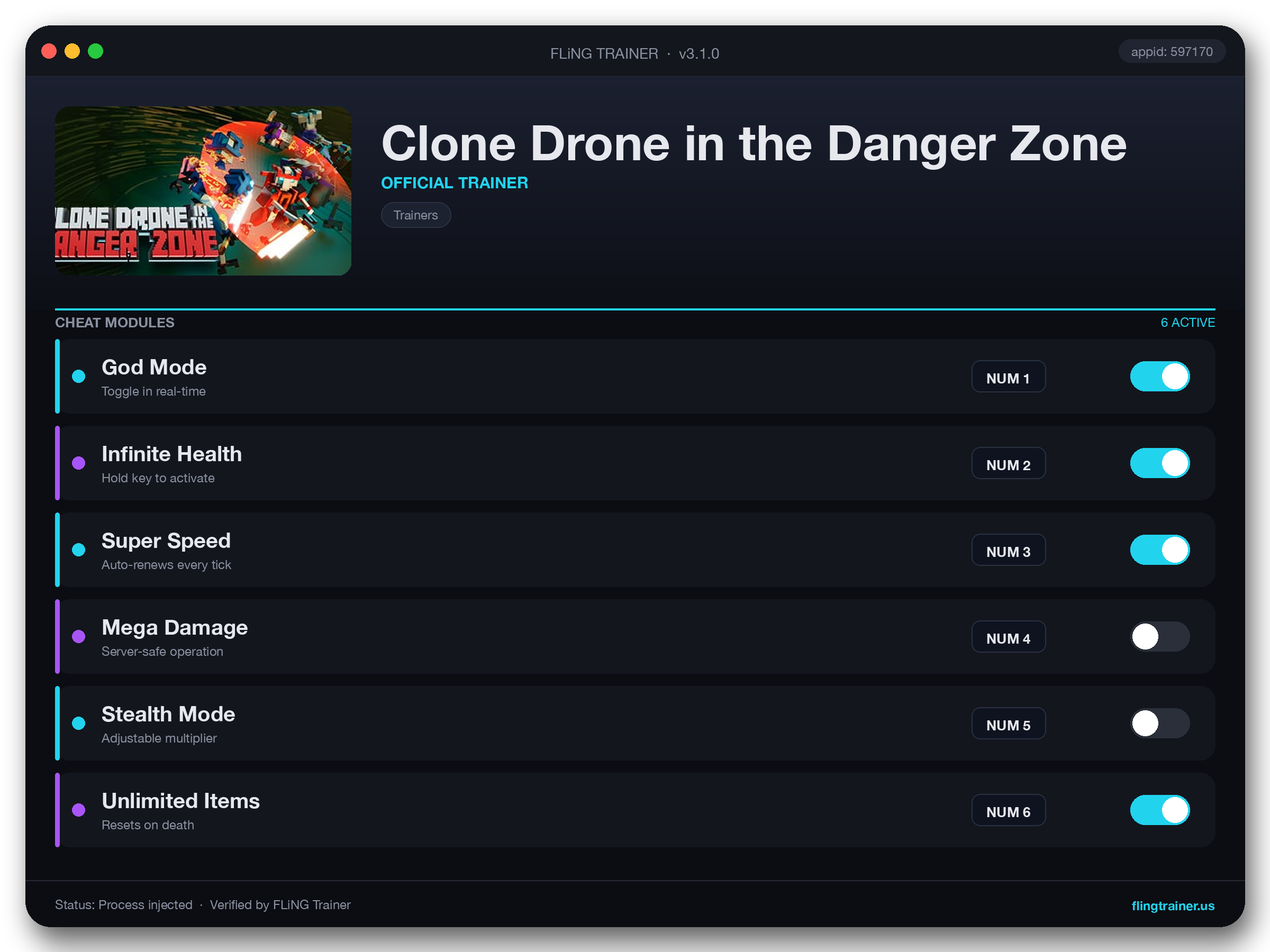 Clone Drone in the Danger Zone Trainer interface