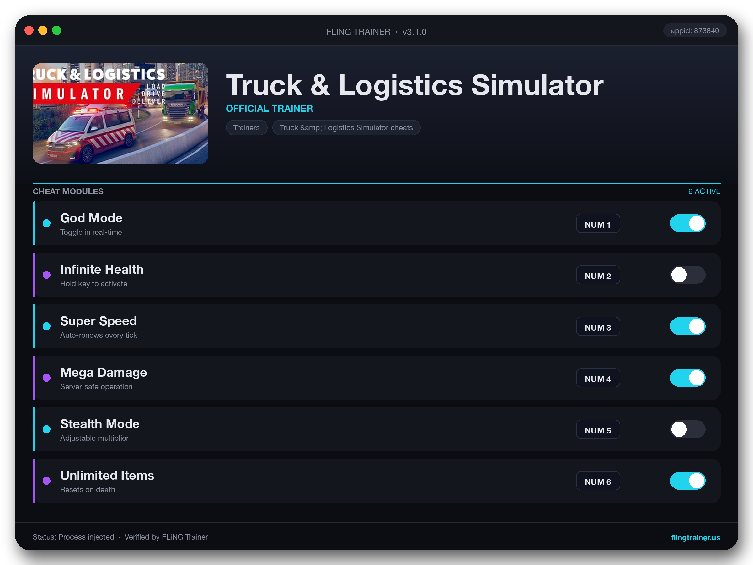 Truck & Logistics Simulator Trainer interface