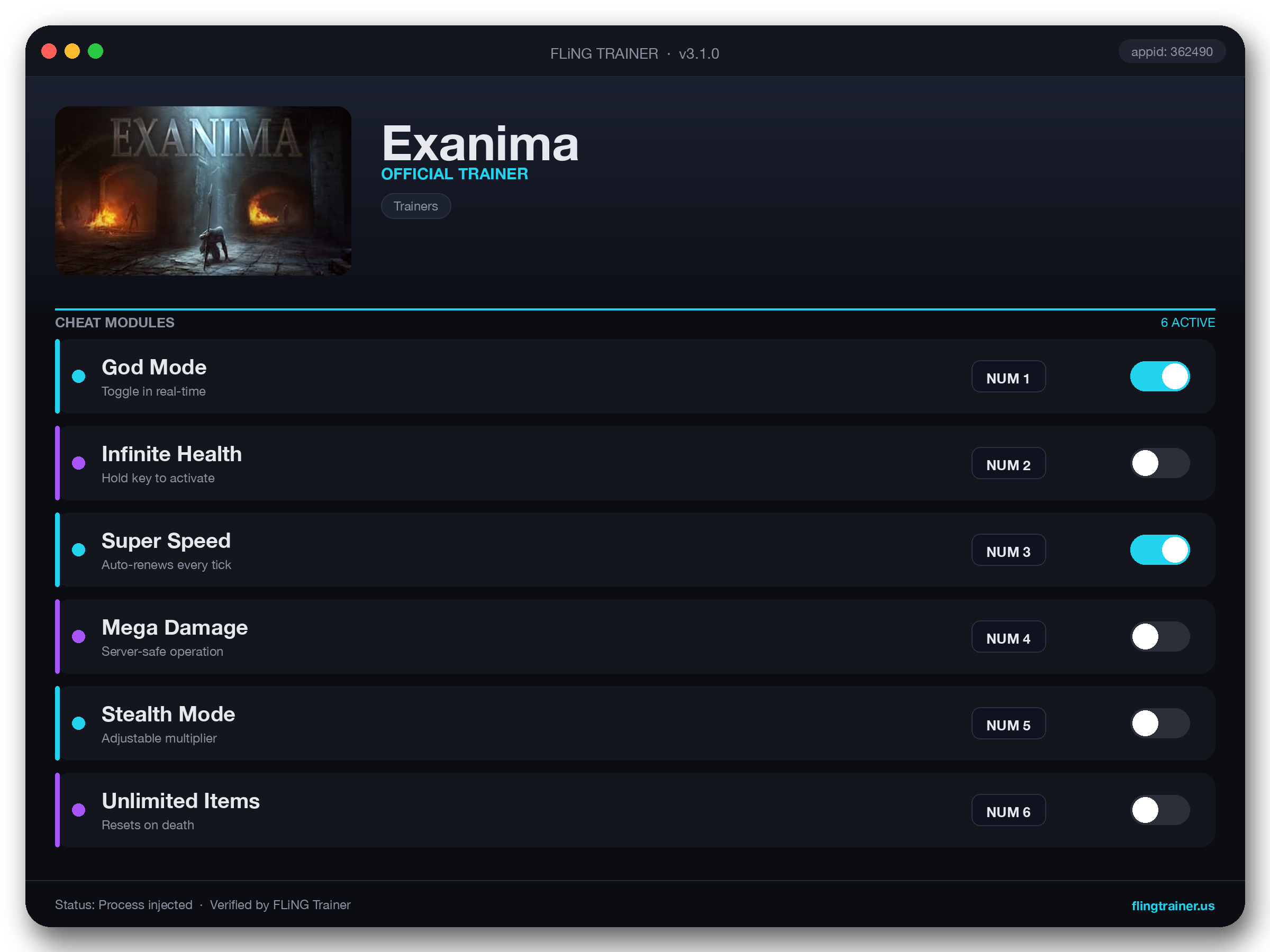 Exanima Trainer interface