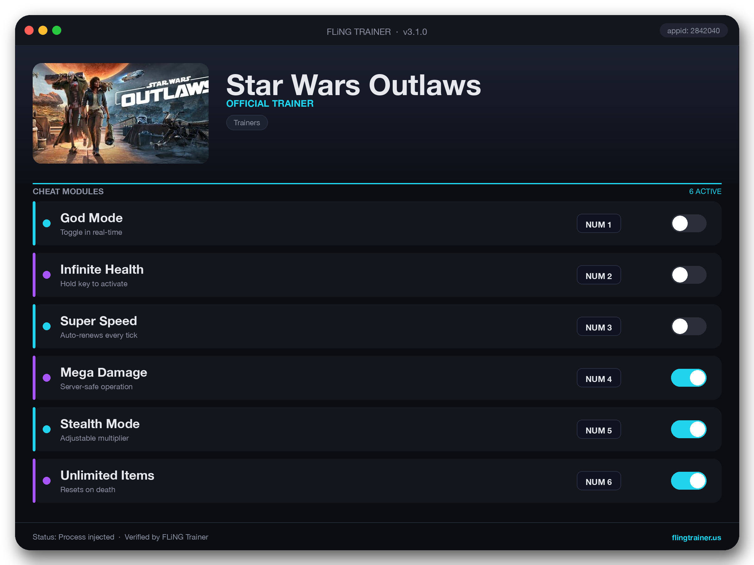 Star Wars Outlaws Trainer interface