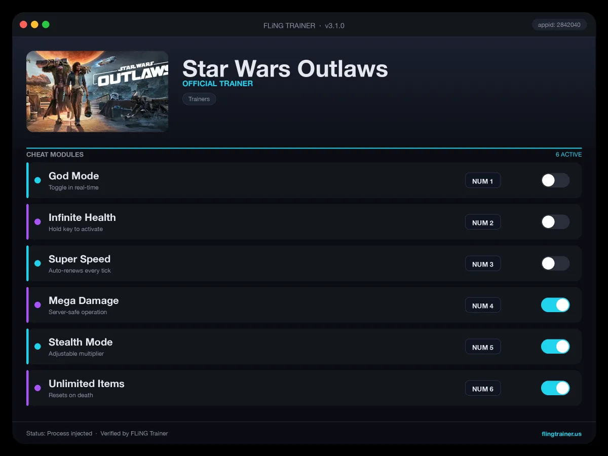 Star Wars Outlaws Trainer interface