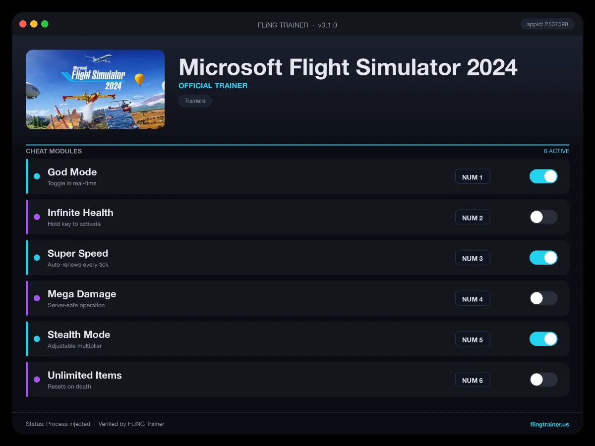 Microsoft Flight Simulator 2024 Trainer interface