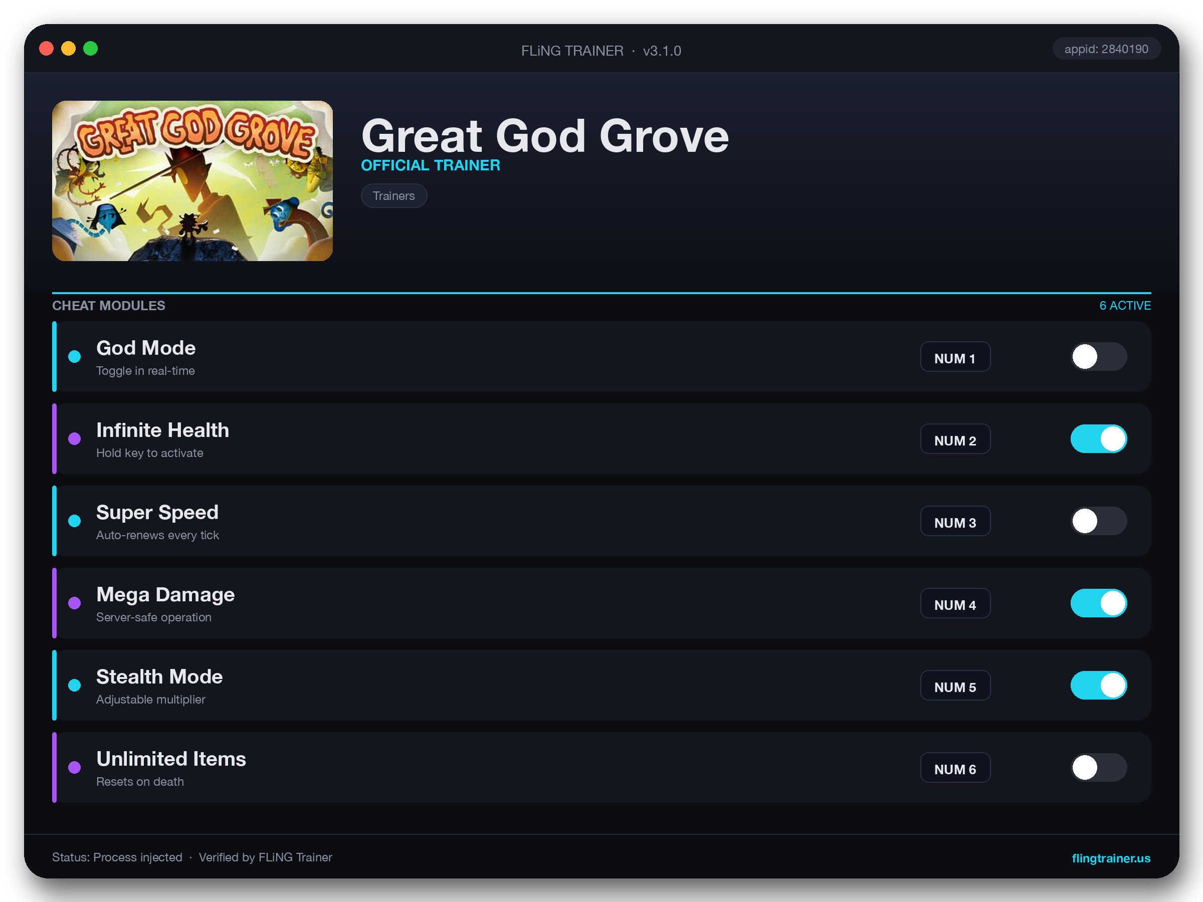 Great God Grove Trainer interface