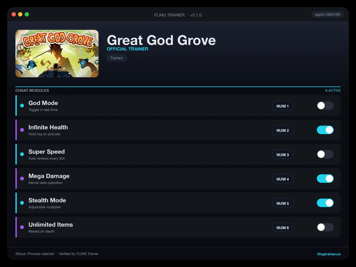 Great God Grove Trainer interface
