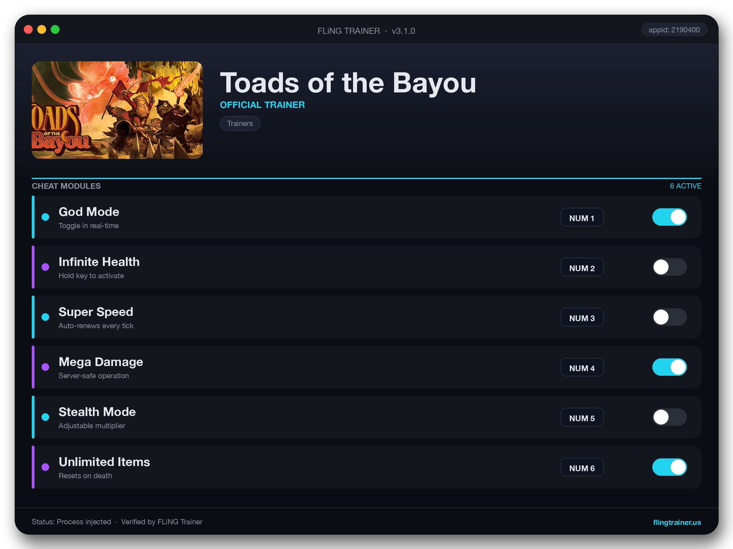 Toads of the Bayou Trainer interface