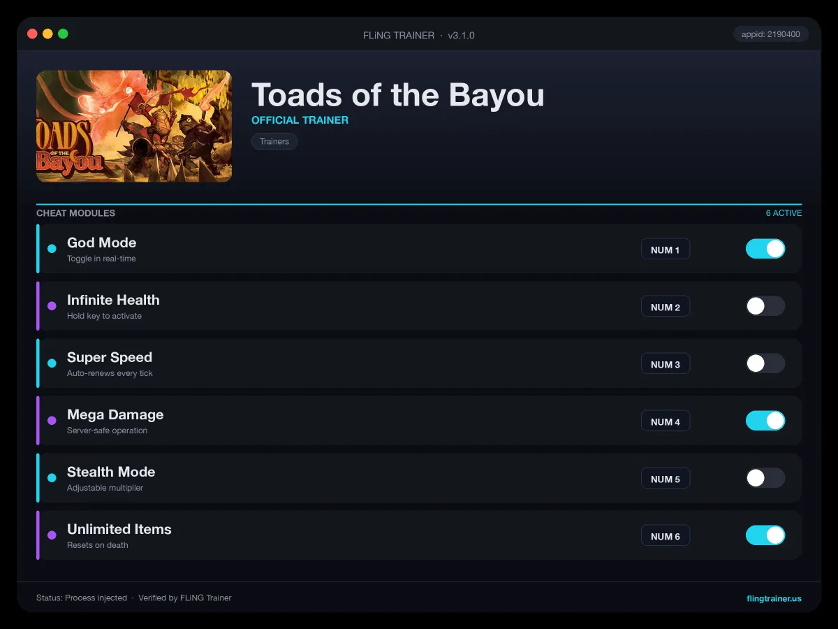 Toads of the Bayou Trainer interface