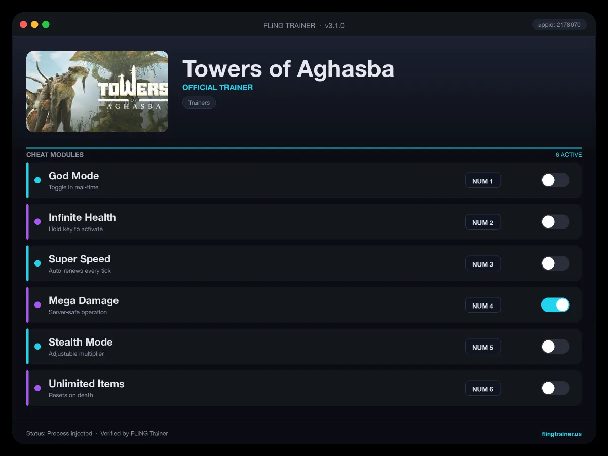 Towers of Aghasba Trainer interface