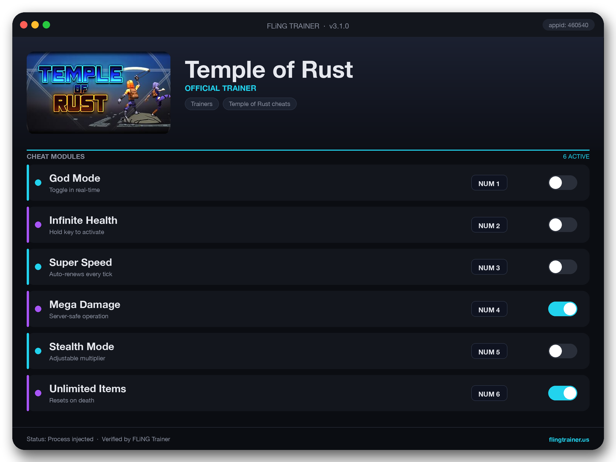 Temple of Rust Trainer interface
