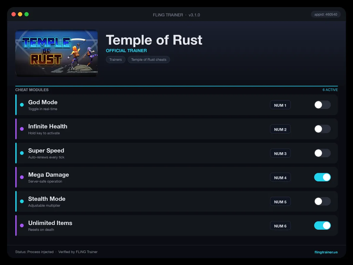 Temple of Rust Trainer interface