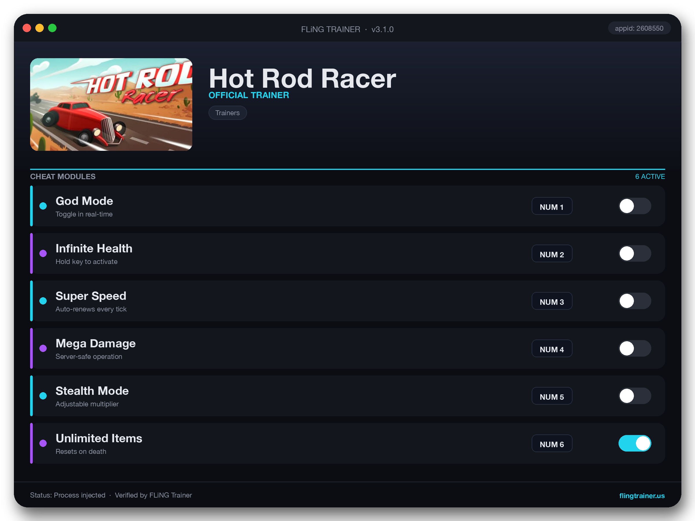 Hot Rod Racer Trainer interface