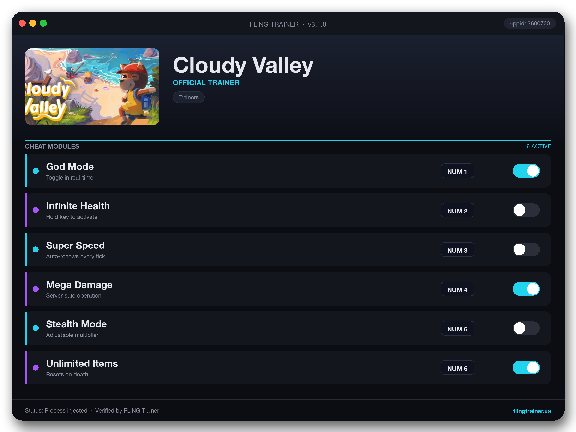 Cloudy Valley Trainer interface