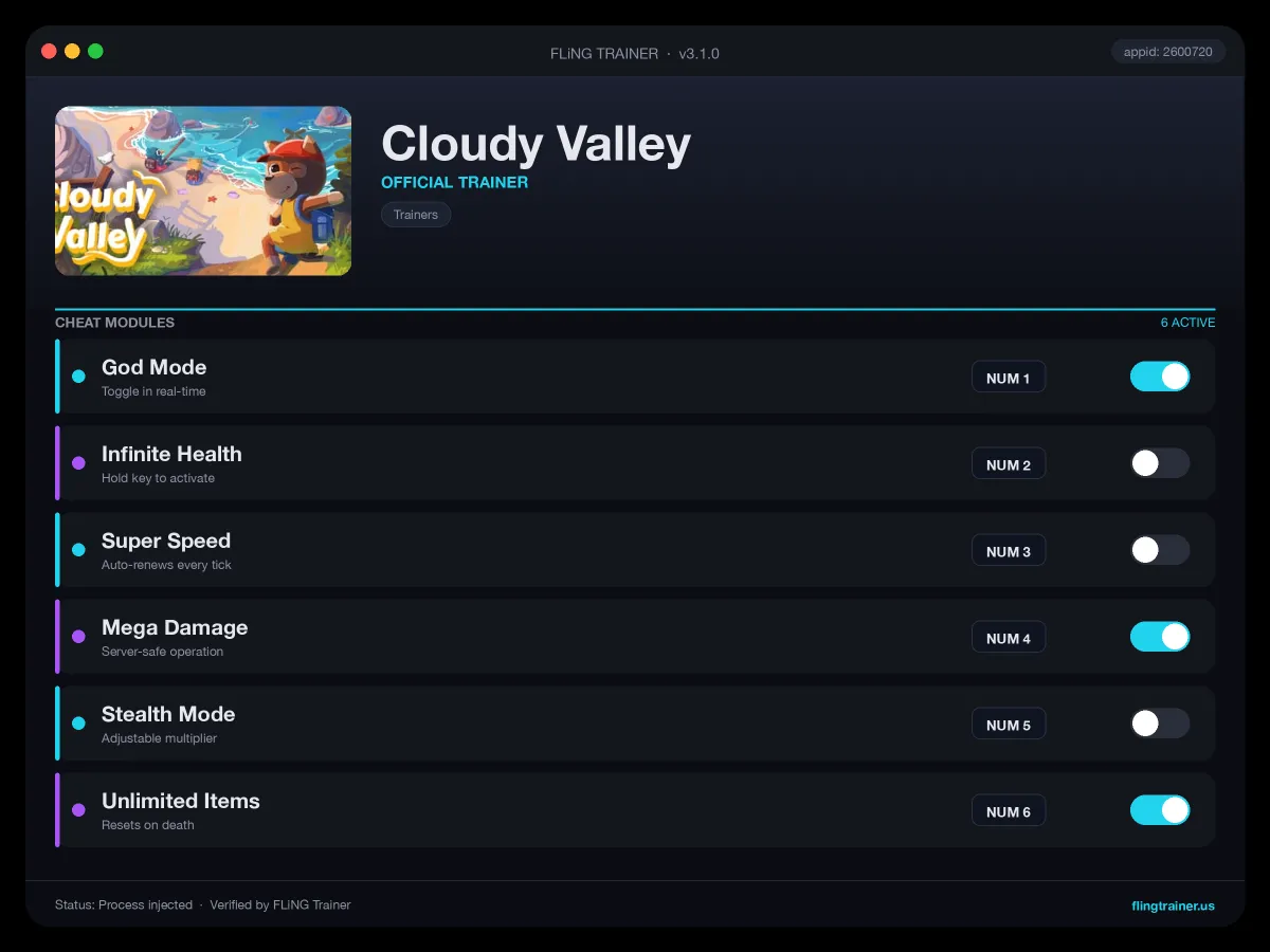 Cloudy Valley Trainer interface