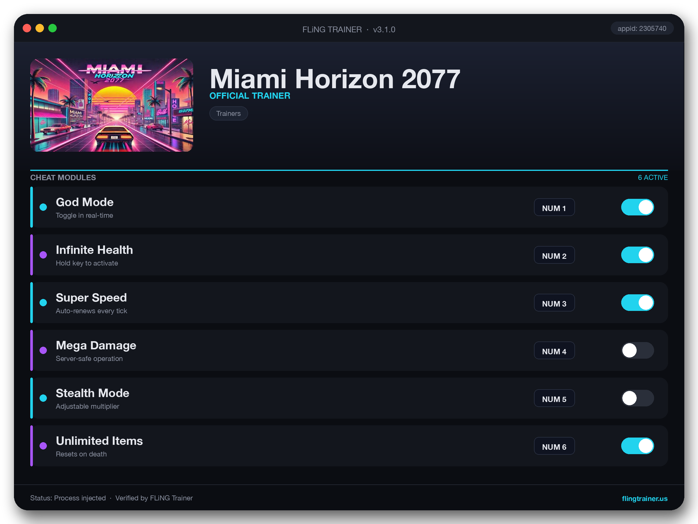 Miami Horizon 2077 Trainer interface