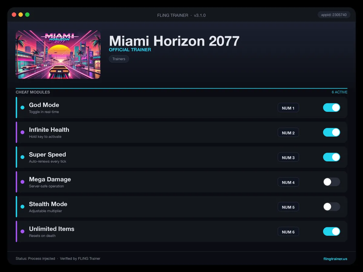 Miami Horizon 2077 Trainer interface