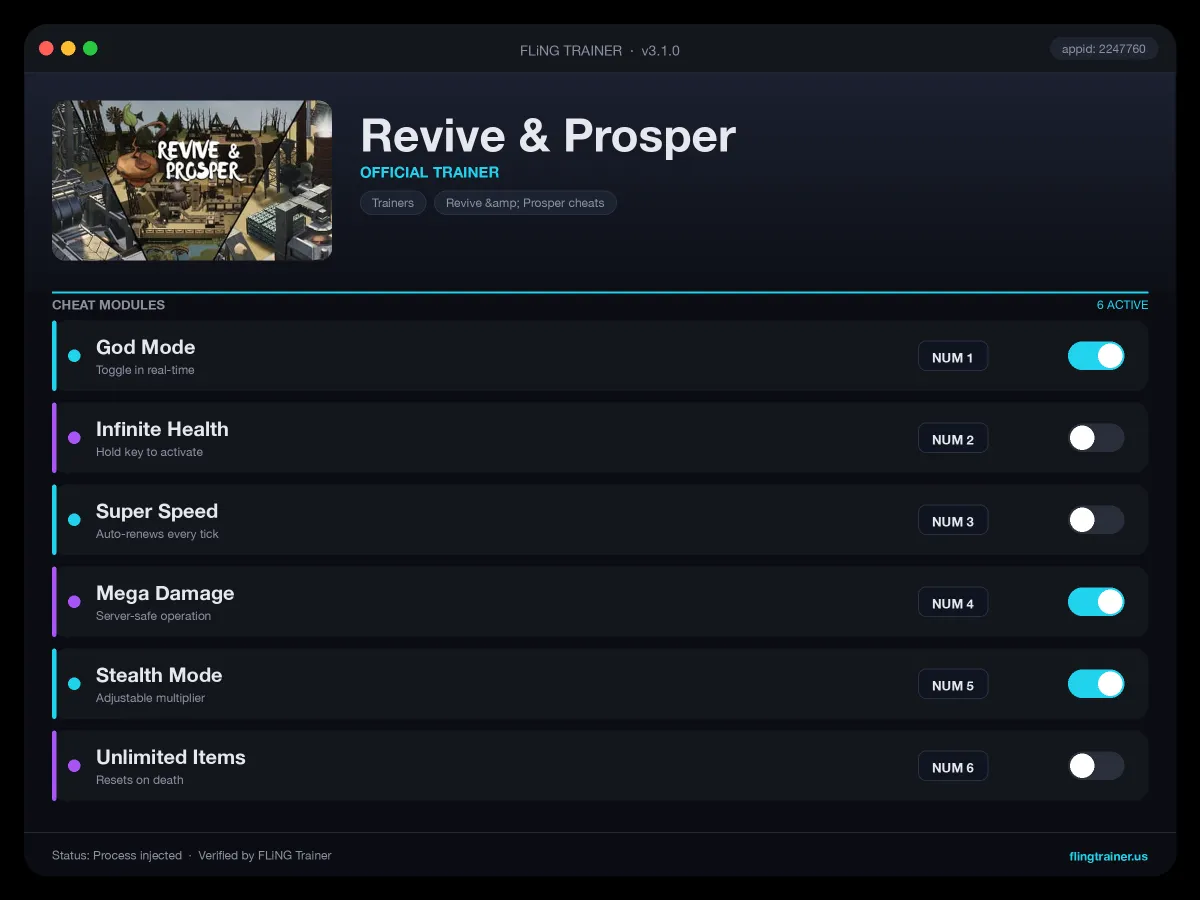 Revive & Prosper Trainer interface
