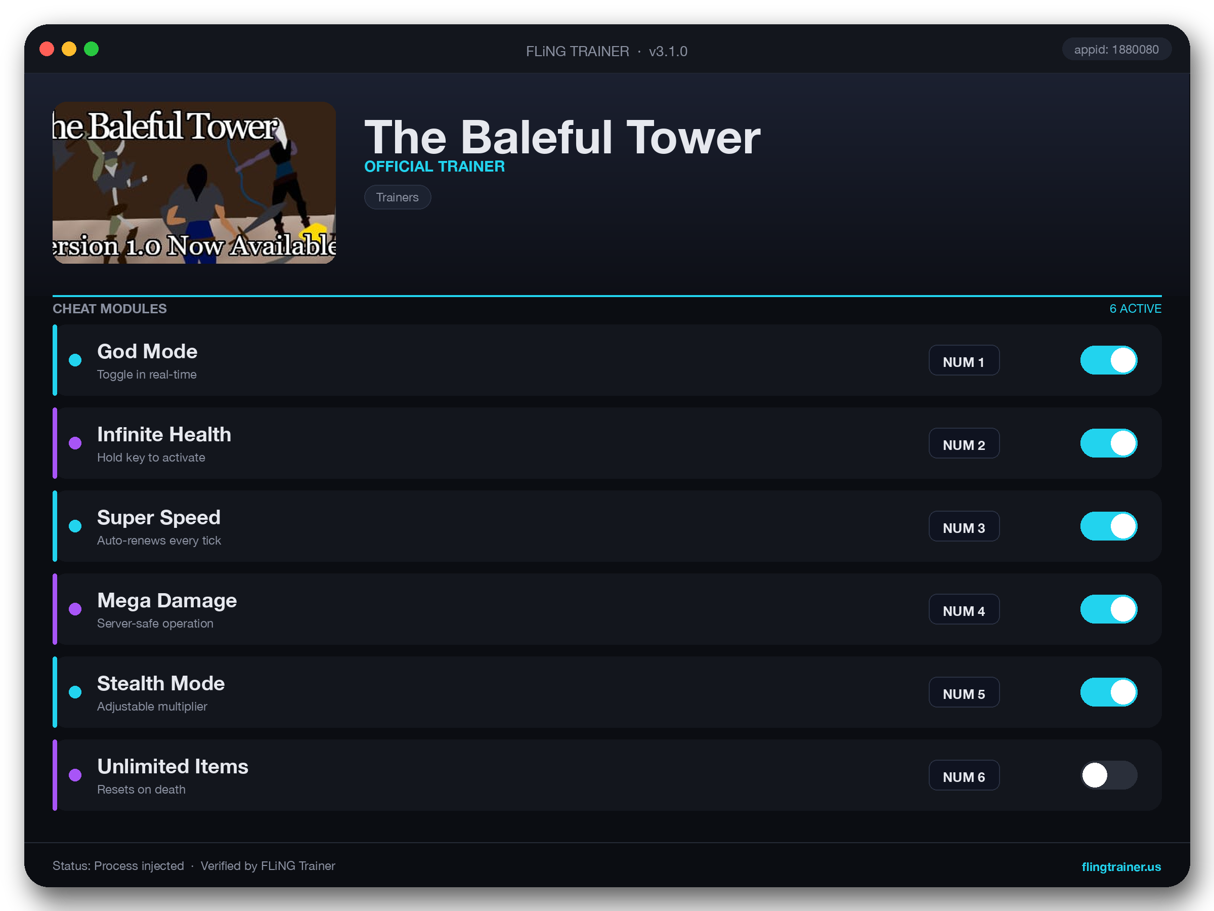 The Baleful Tower Trainer interface