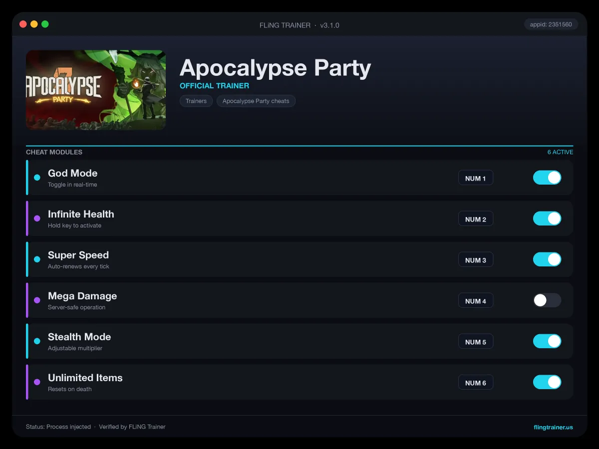 Apocalypse Party Trainer interface