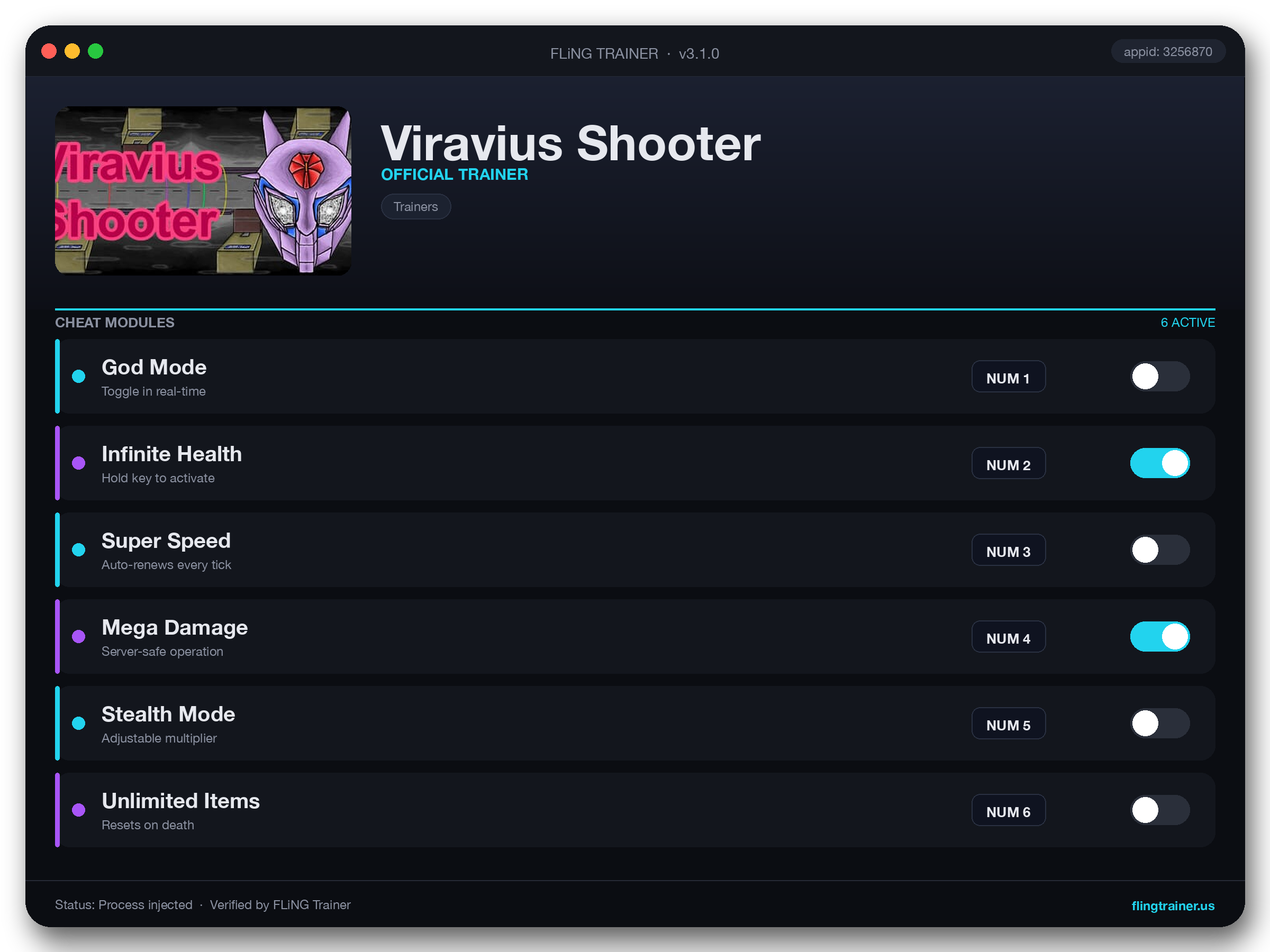 Viravius Shooter Trainer interface