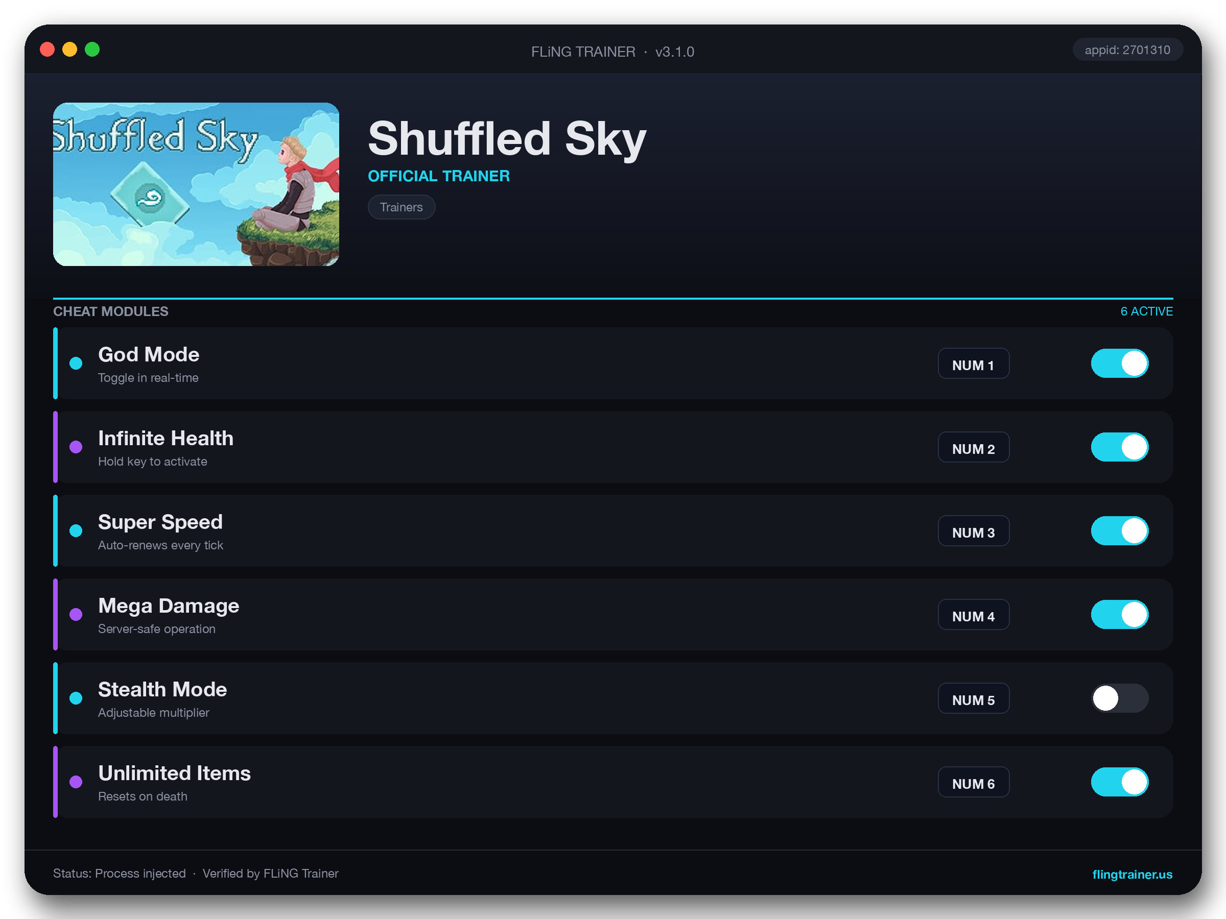 Shuffled Sky Trainer interface